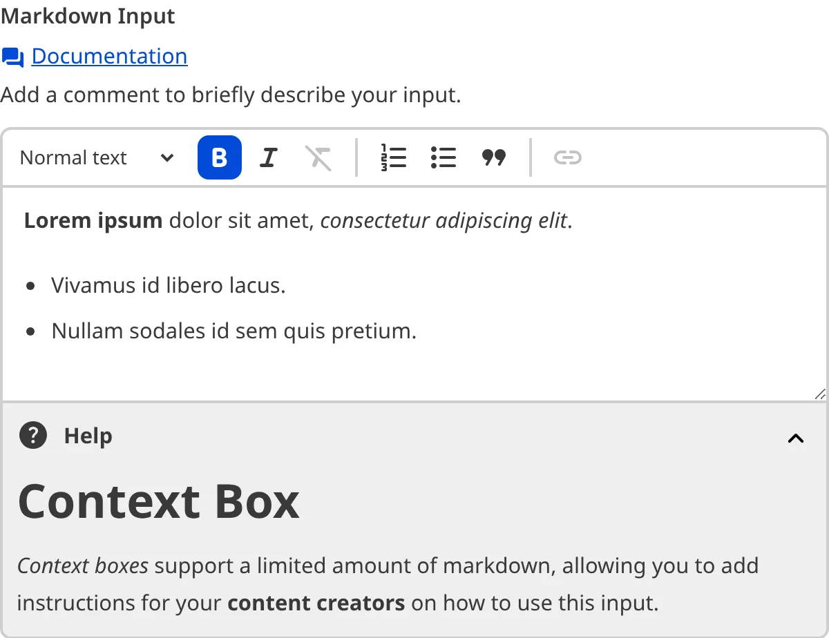 A screenshot of the Markdown Input in the Data Editor with a Context Box underneath the text area.