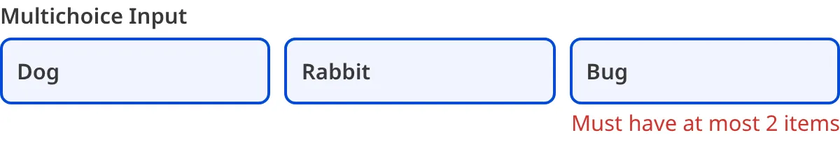 A screenshot of the Multichoice Input in the Data Editor shows an error message as the value contains too many items.