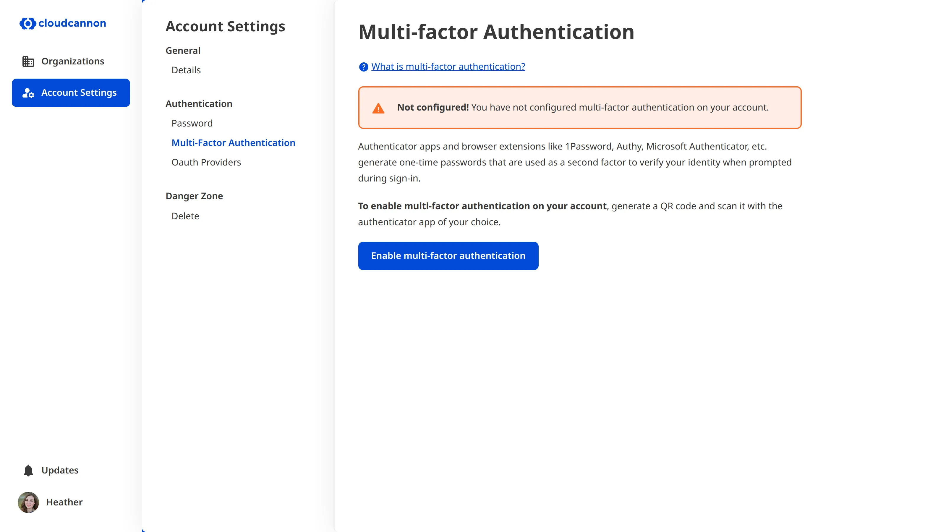 A screenshot of the multi-factor authentication page with the option to enable MFA.