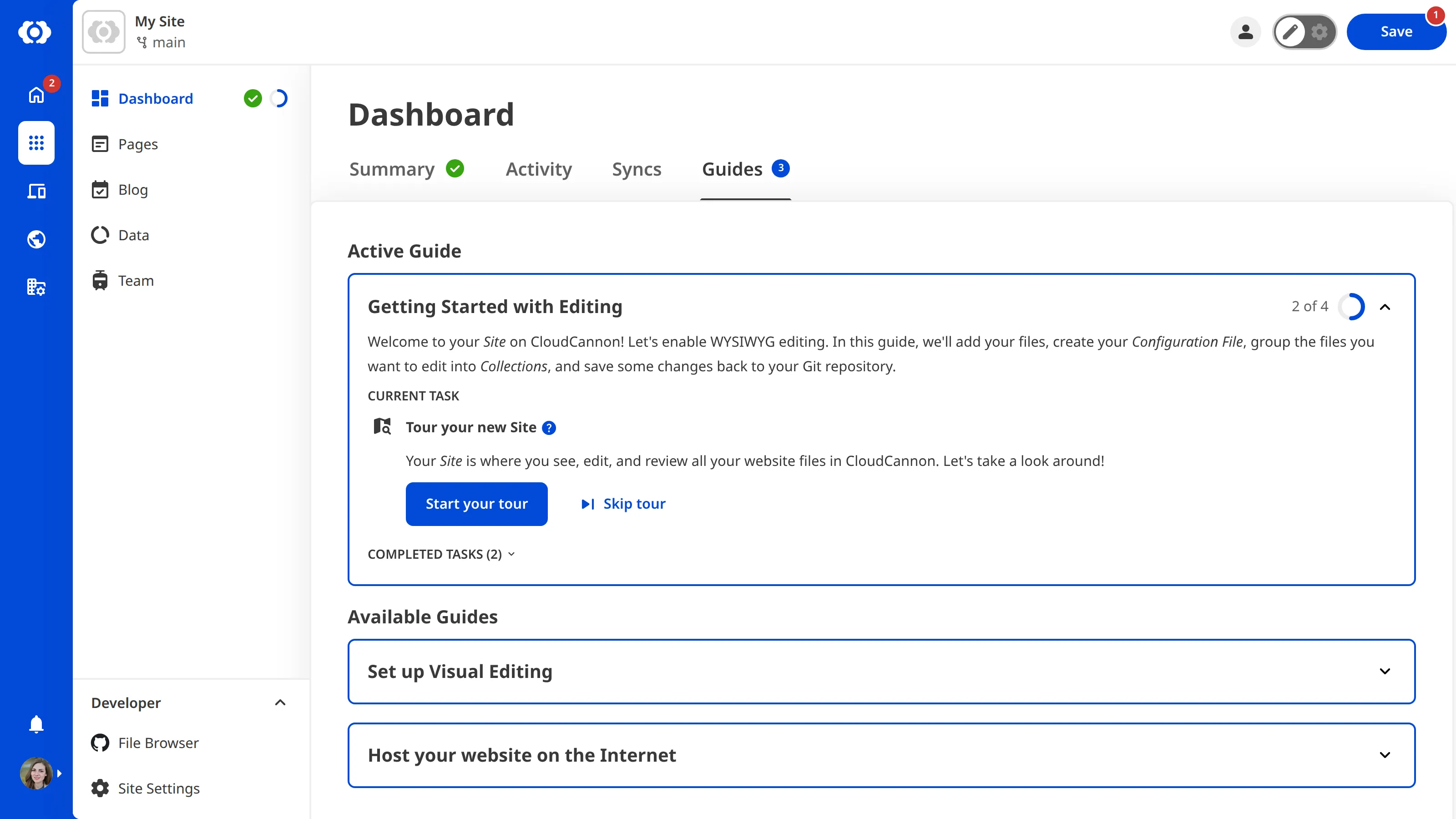 A screenshot of the Guides tab on the Site Dashboard shows one active guide and several other available guides.