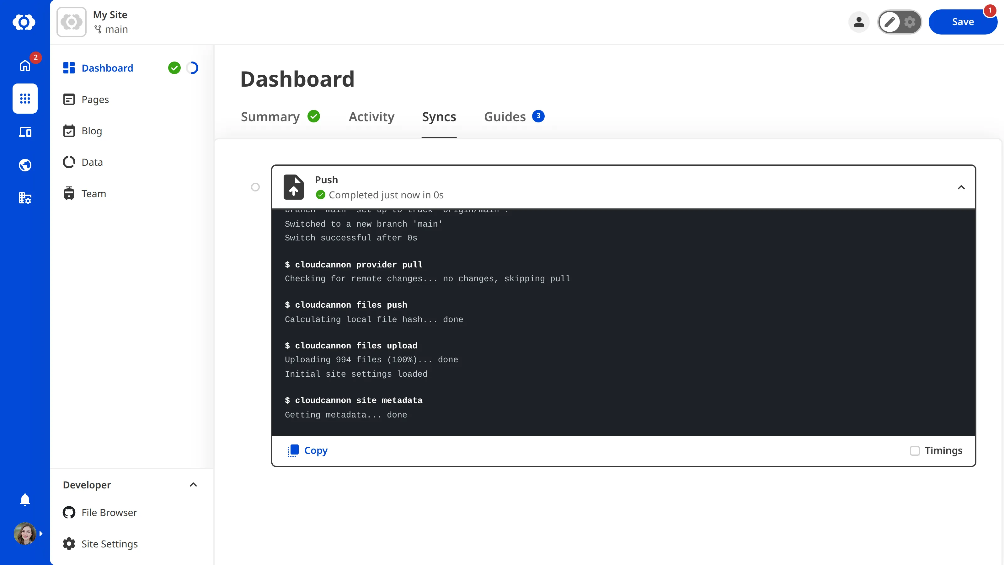 A screenshot of the Syncs tab on the Site Dashboard shows one Sync log.