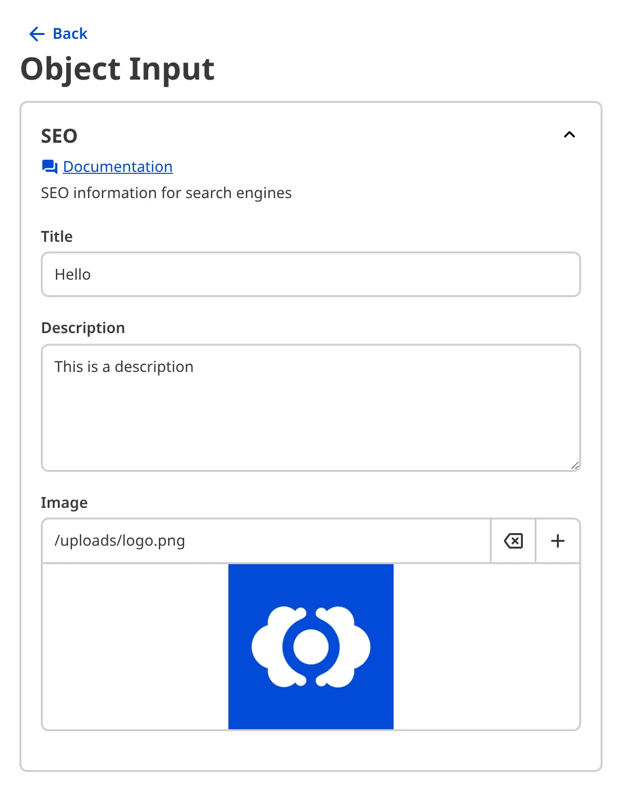 A screenshot of the nested content within an Object Input in the Data Editor shows groups, heading, documentation links, and comments.