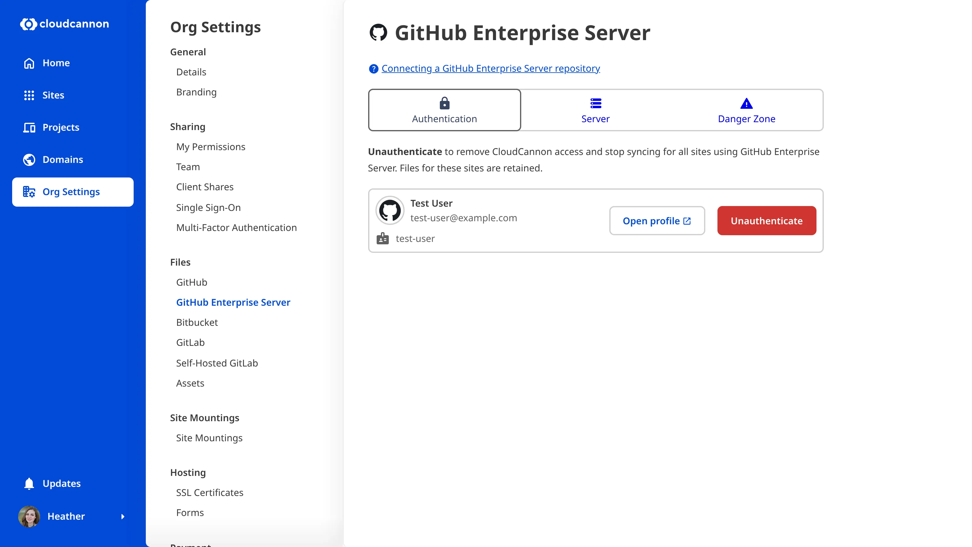 A screenshot of the Organization Settings page for GitHub Enterprise Server shows the configured and authenticated state with Authentication, Server, and Danger Zone tabs.