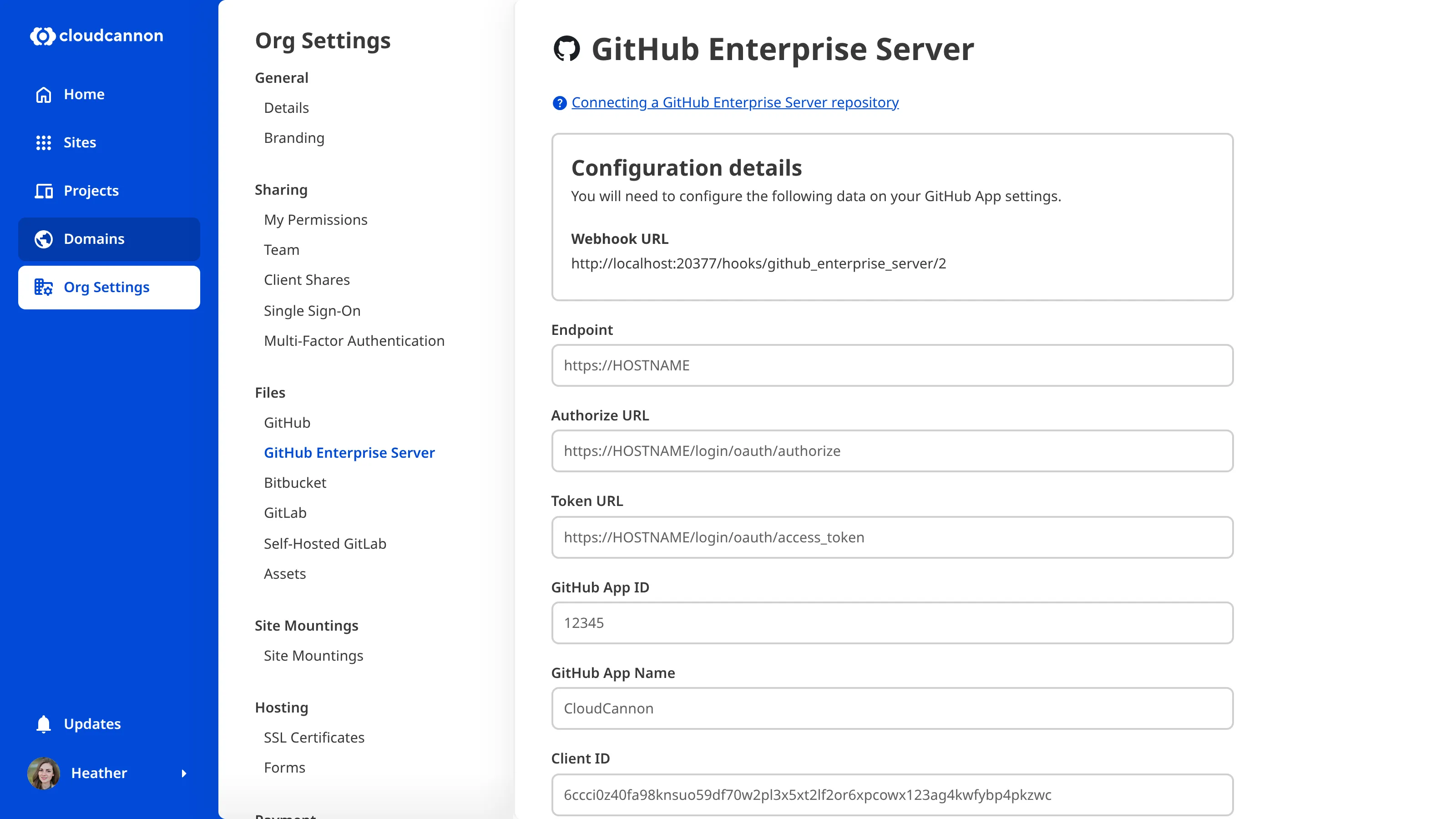 The Organization Settings page for GitHub Enterprise Server showing the initial configuration form with fields for Endpoint, Authorize URL, Token URL, GitHub App details, and keys.