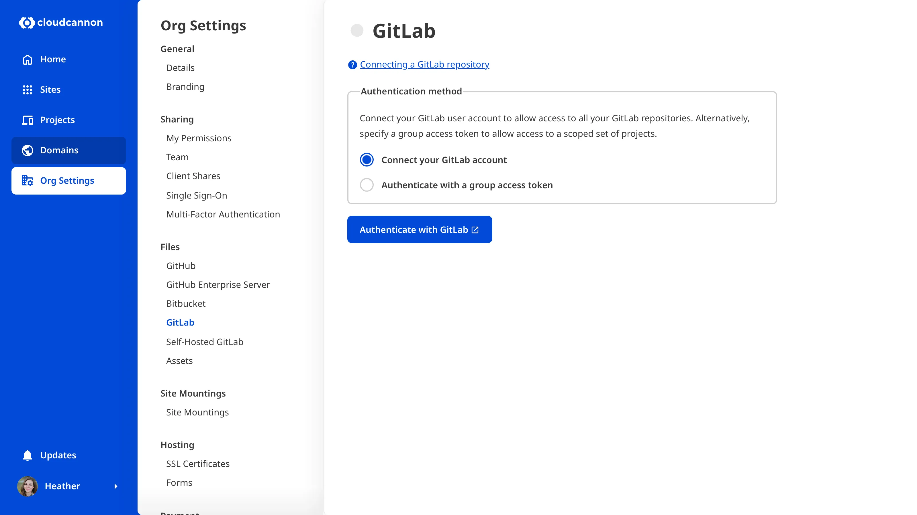 The GitLab Organization Settings page showing the OAuth authentication option with an Authenticate with GitLab button.