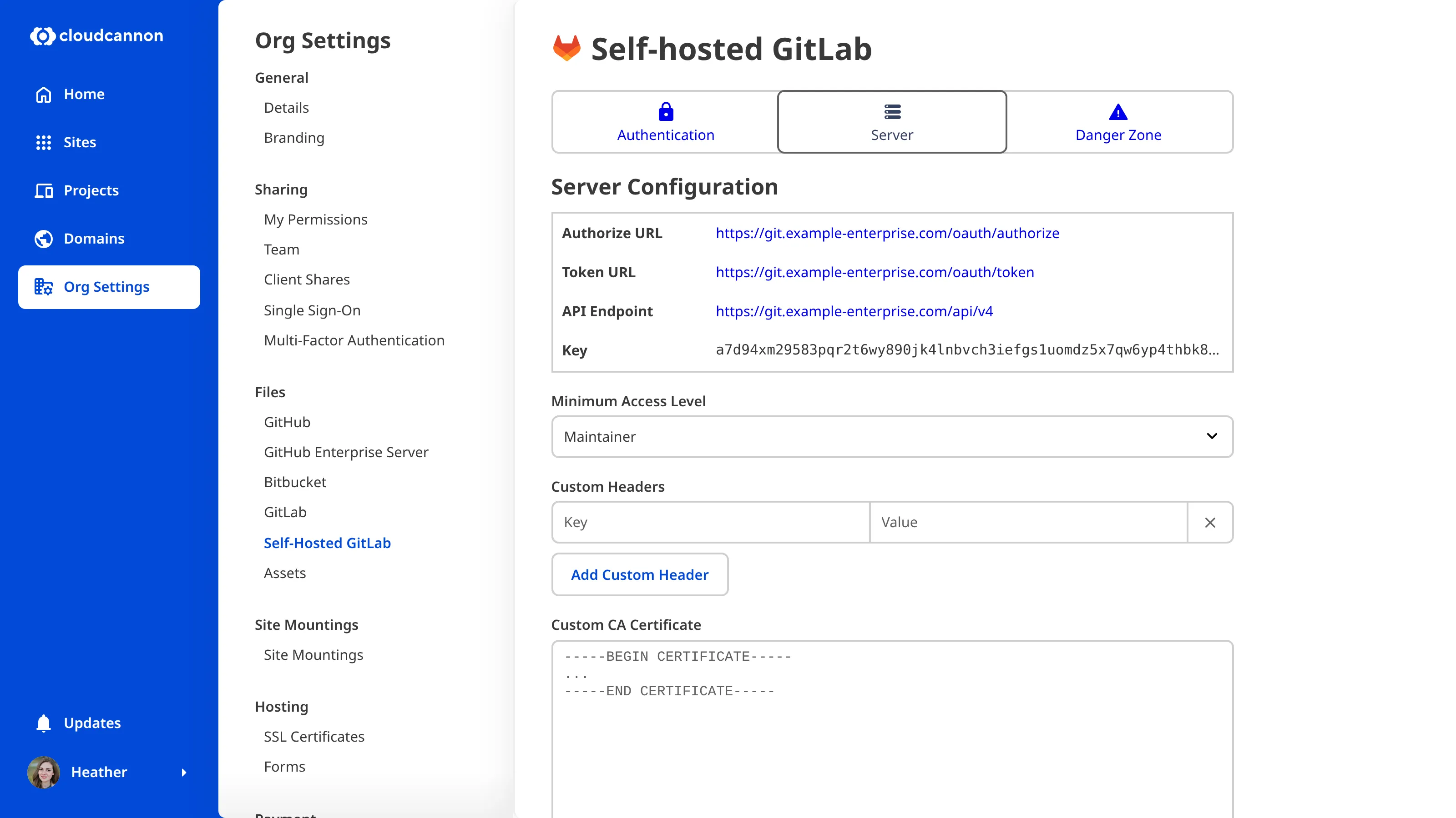 The Self-hosted GitLab Organization Settings Server tab showing options for Minimum Access Level, Custom Headers, and Custom CA Certificate.