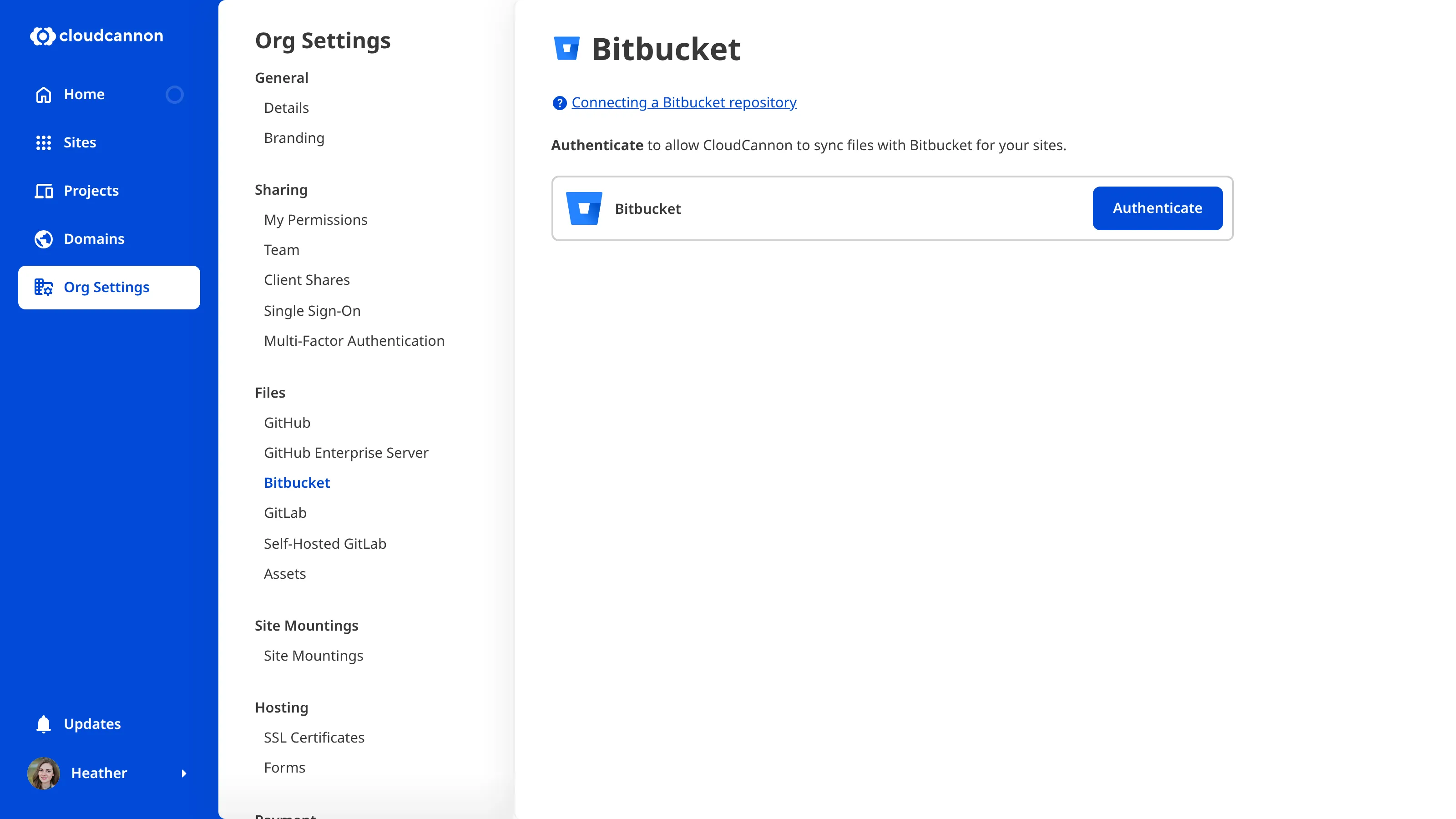 A screenshot of the Bitbucket page under Org Settings shows the authenticate button.