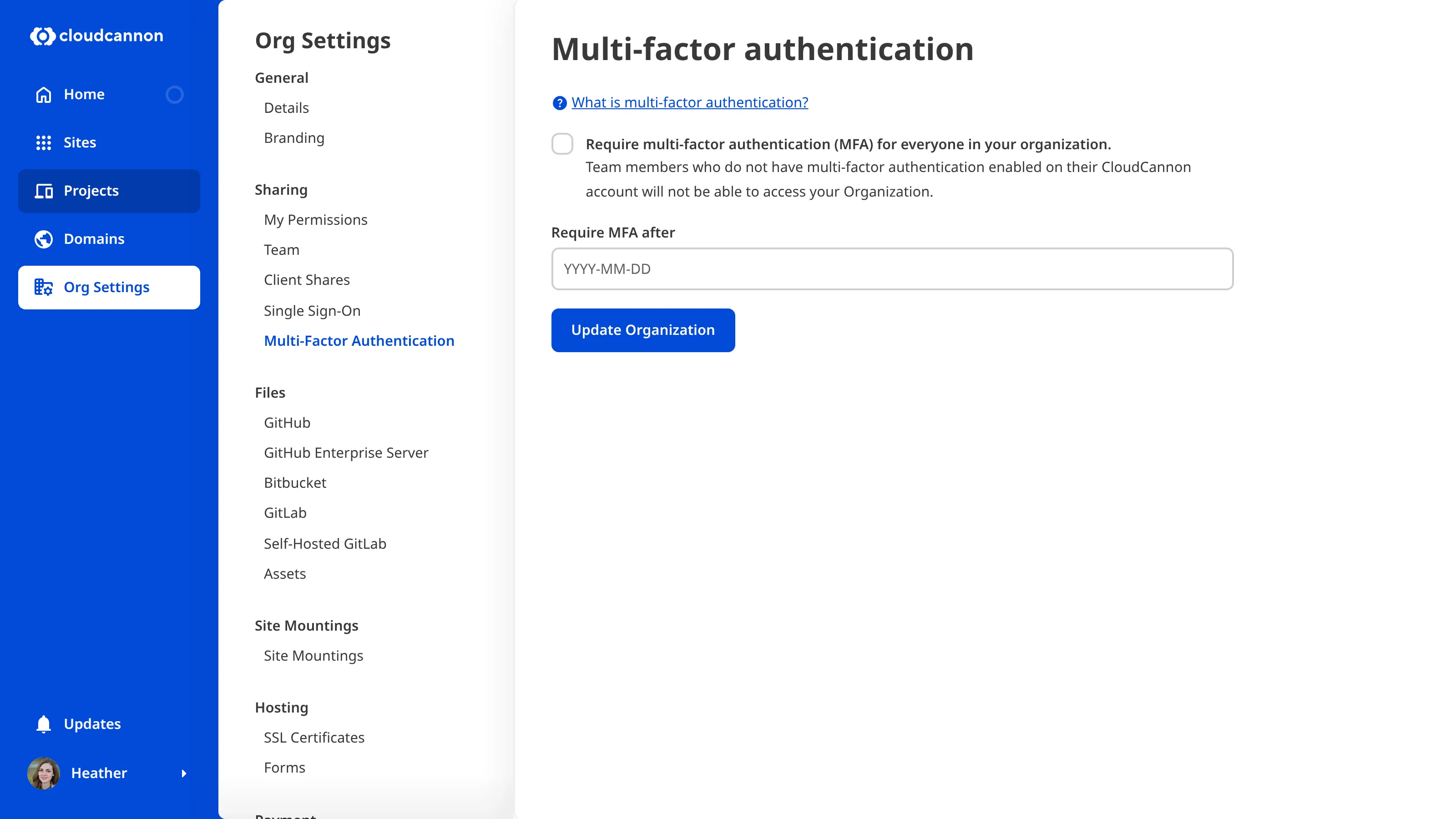 A screenshot of the Multi-factor Authentication page shows a checkbox and date field for enforcing MFA.