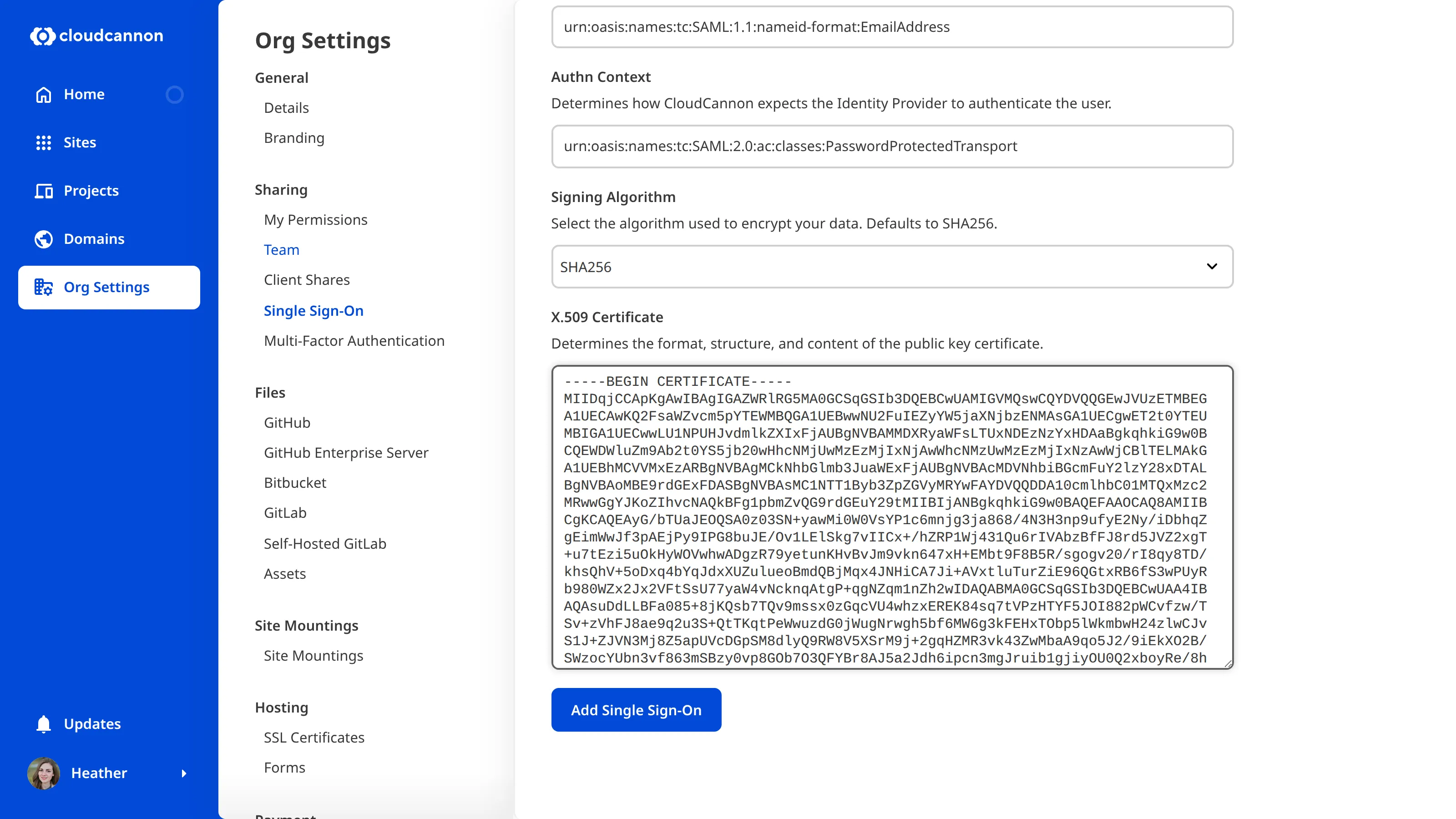 A screenshot of the CloudCannon Single Sign-On page under Org Settings.