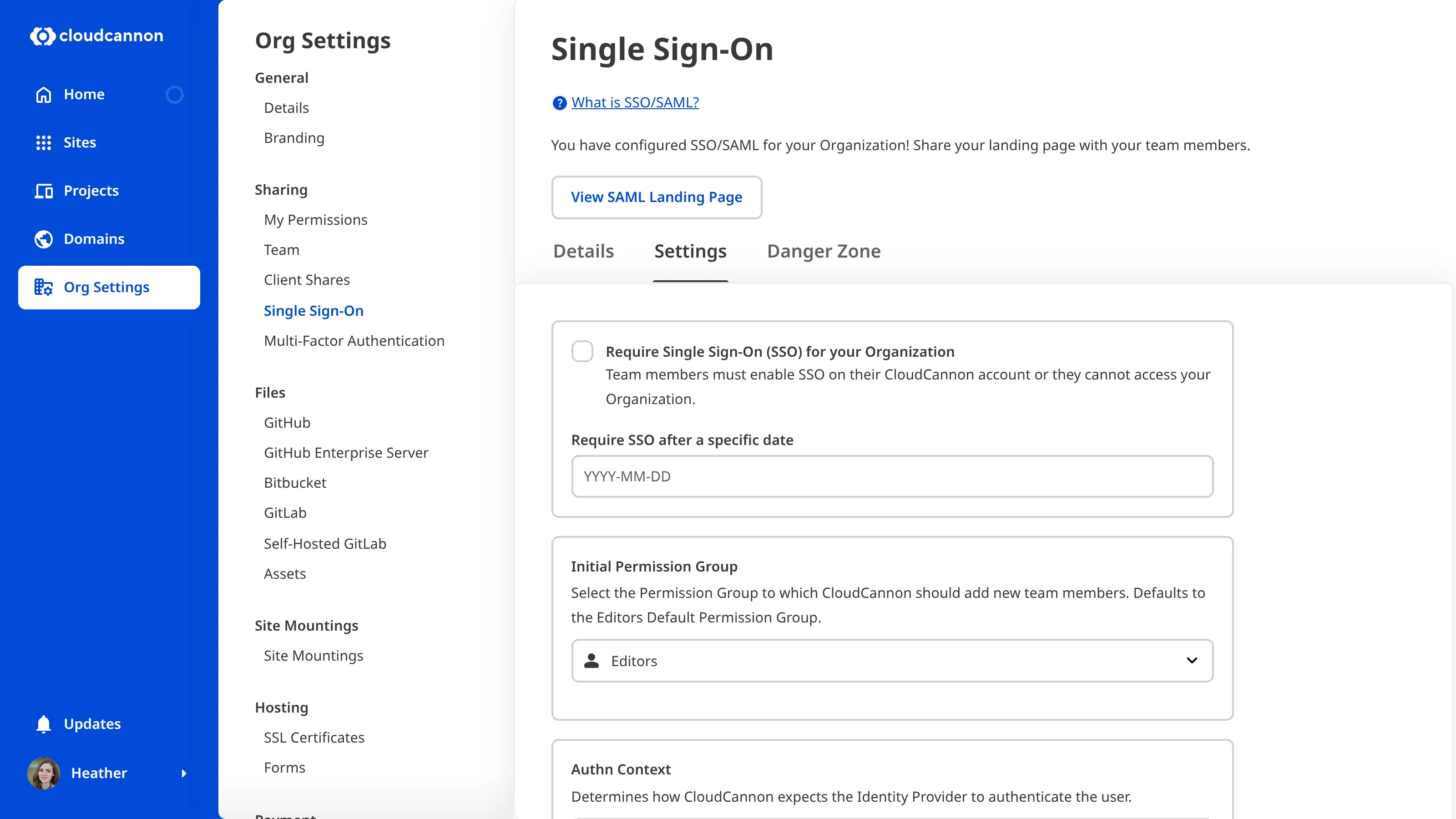 A screenshot of the Settings Tab on the Single Sign-On page shows the Require Single Sign-On (SSO) for your Organization checkbox.