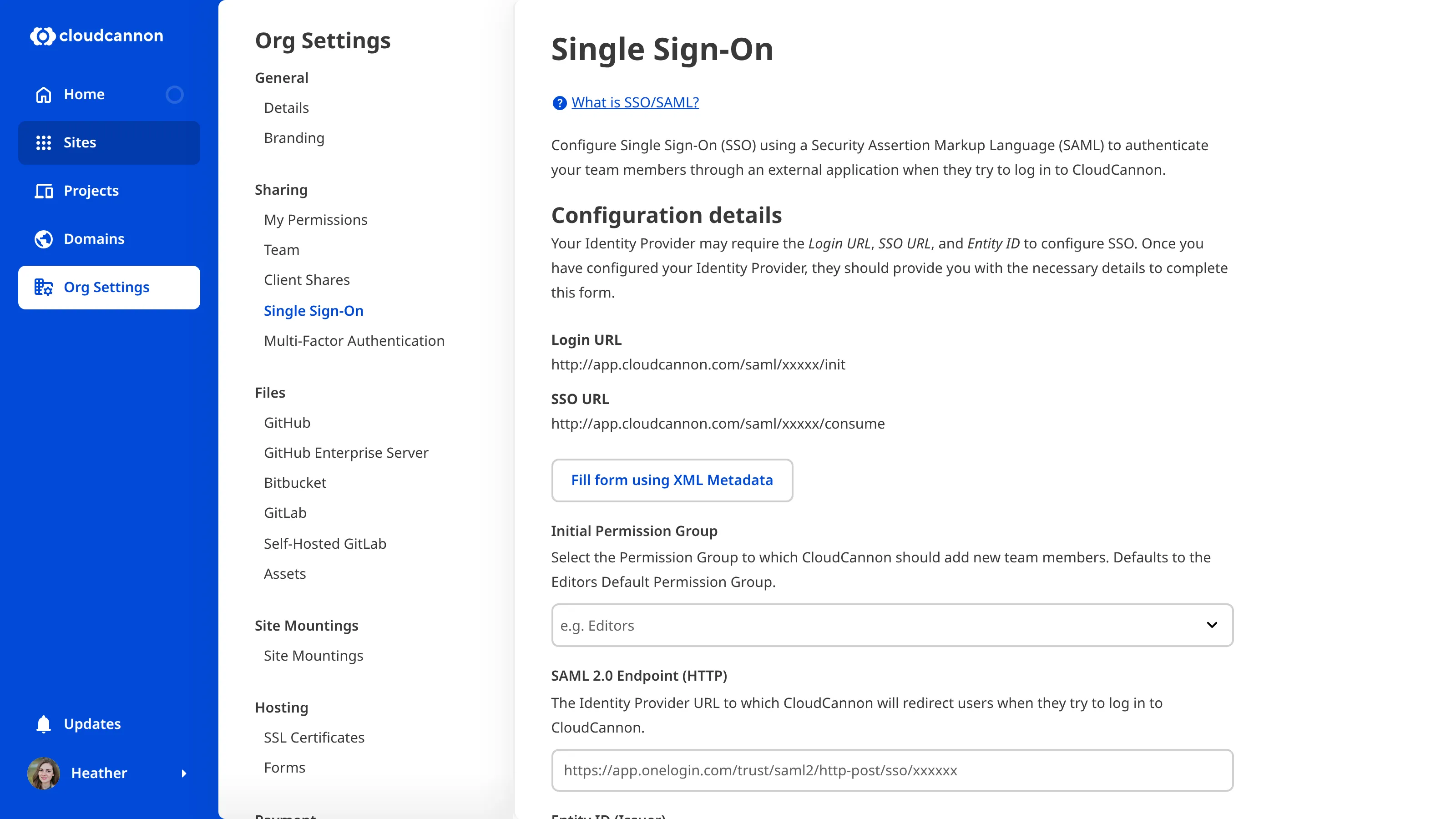 A screenshot of the CloudCannon Single Sign-On page under Org Settings.