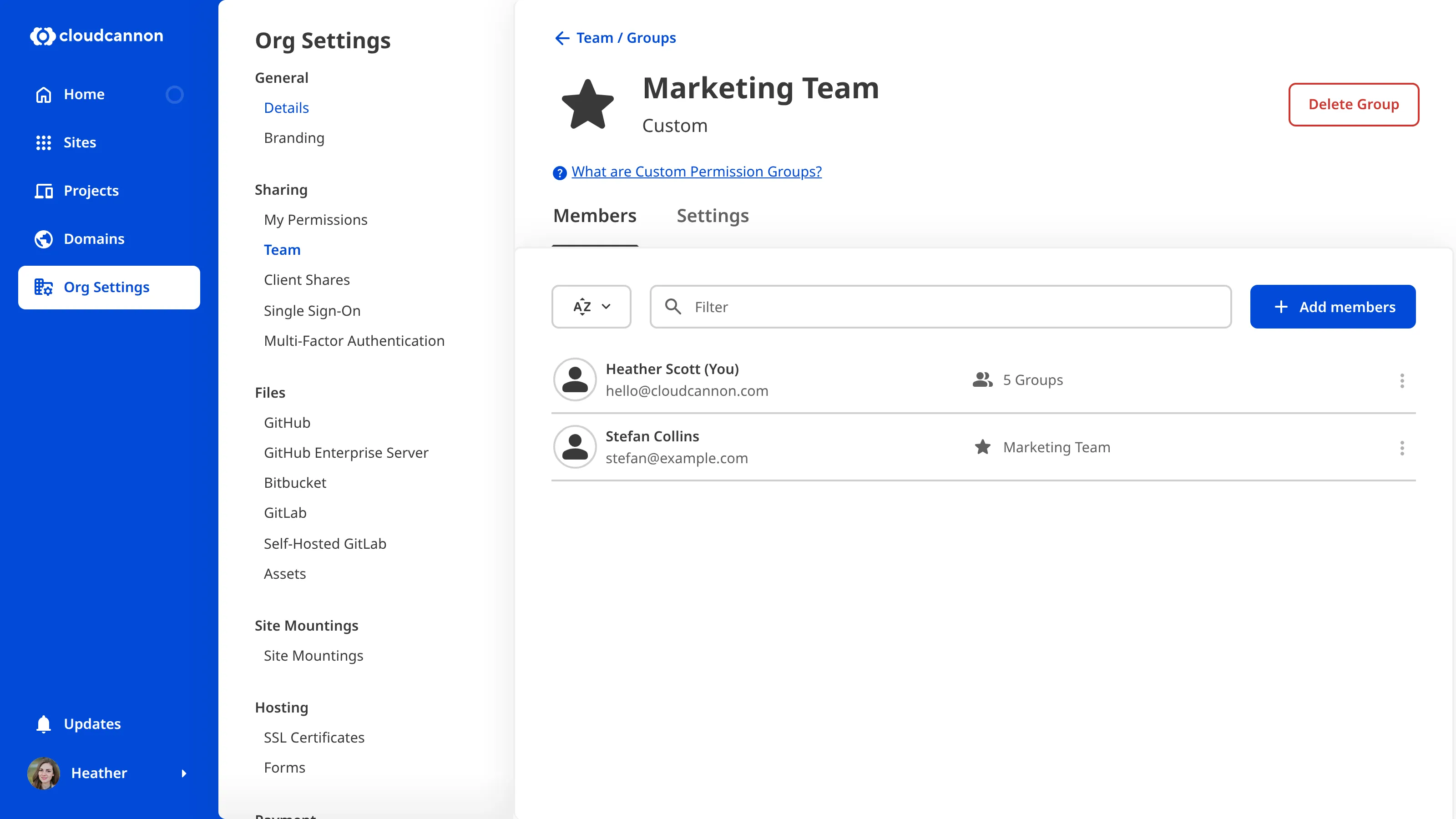 A screenshot of the Marketing Team Custom Permission Group page shows the Delete Group button.