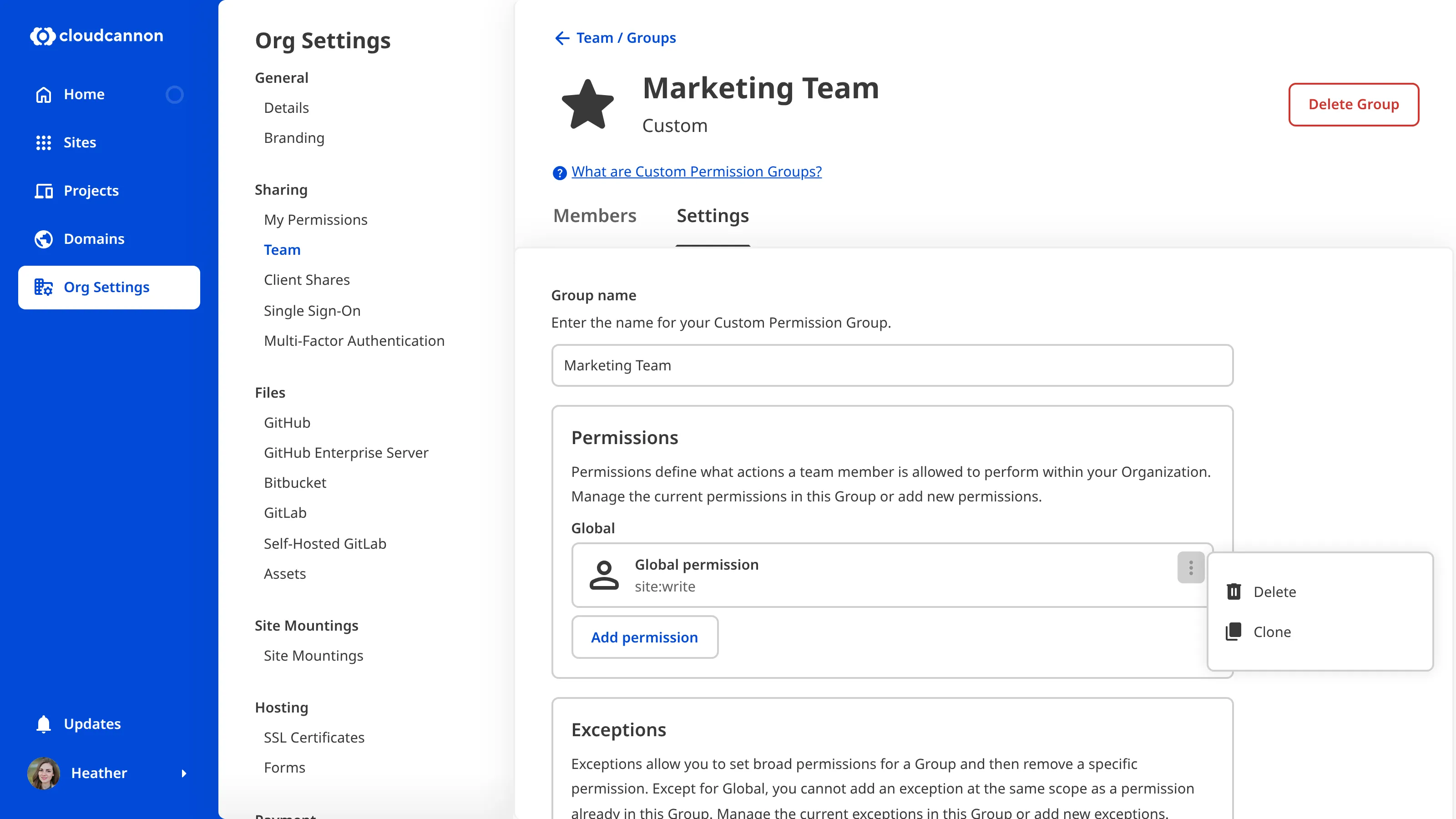 A screenshot of the Marketing Team Permission Group page shows the context menu open on a permission card with Delete and Clone options.