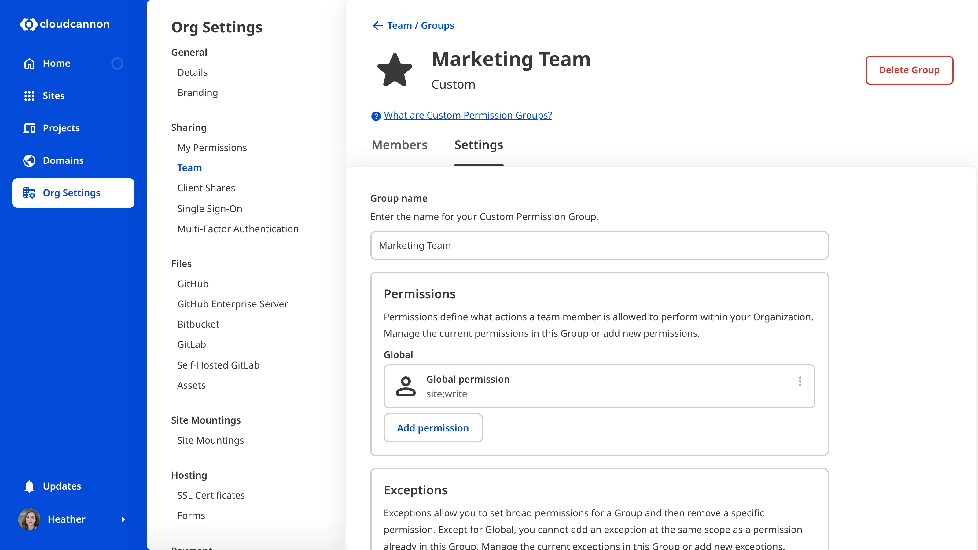 A screenshot of the Marketing Team Permission Group page shows permissions and the Add Permission button.