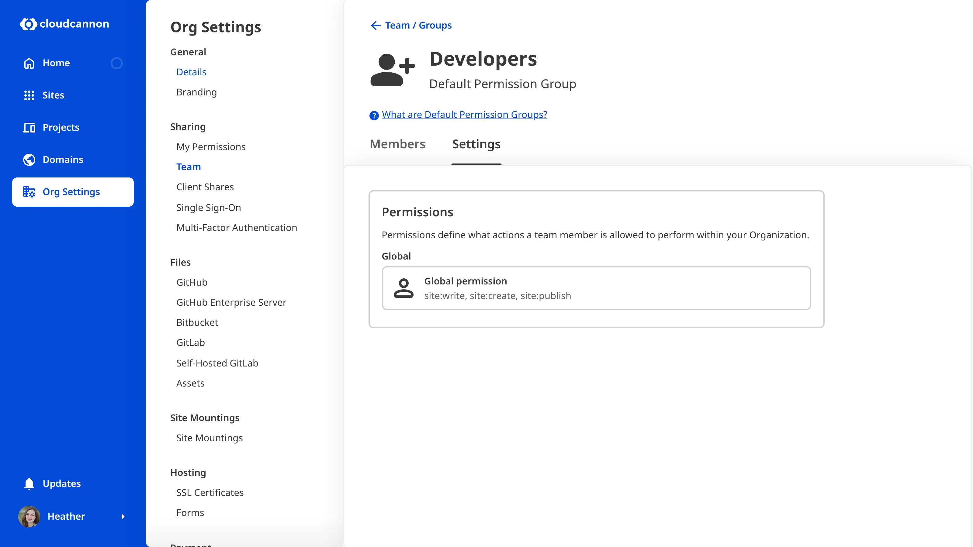 A screenshot of the Developers Permission Group page shows one permission under the Settings tab.