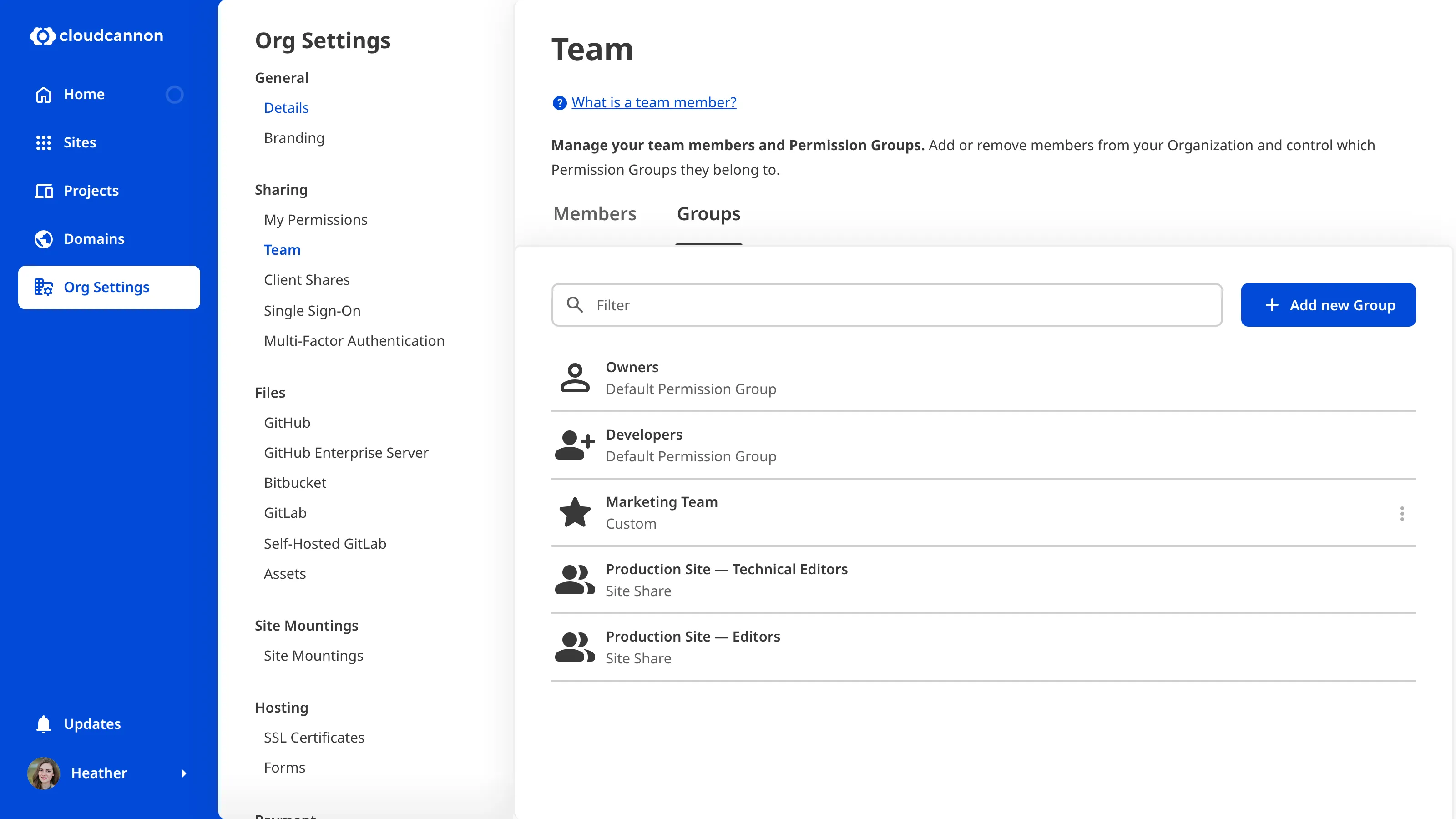 A screenshot of the Groups tab on the Team page shows a list of Permission Groups.
