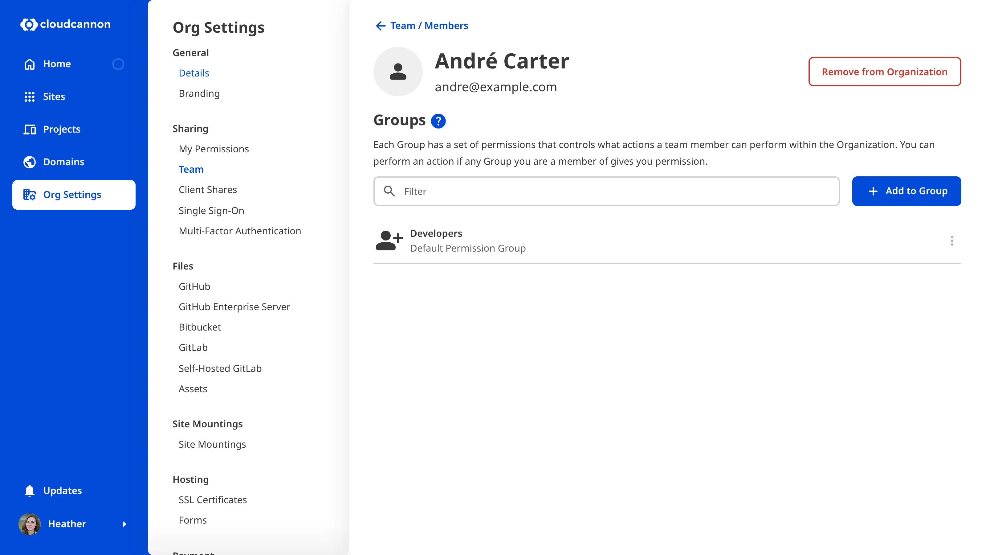 A screenshot of the Team Member page shows one Permission Group and the Remove from Organization button.