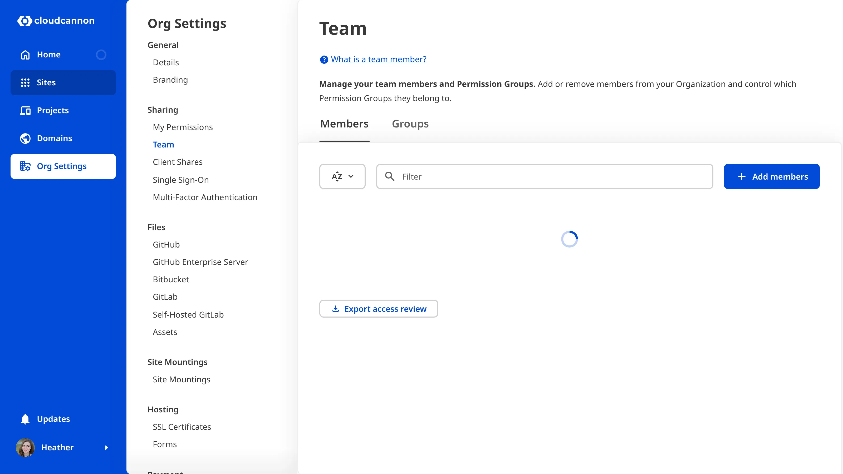 A screenshot of the Team page shows team members and the Add members button.