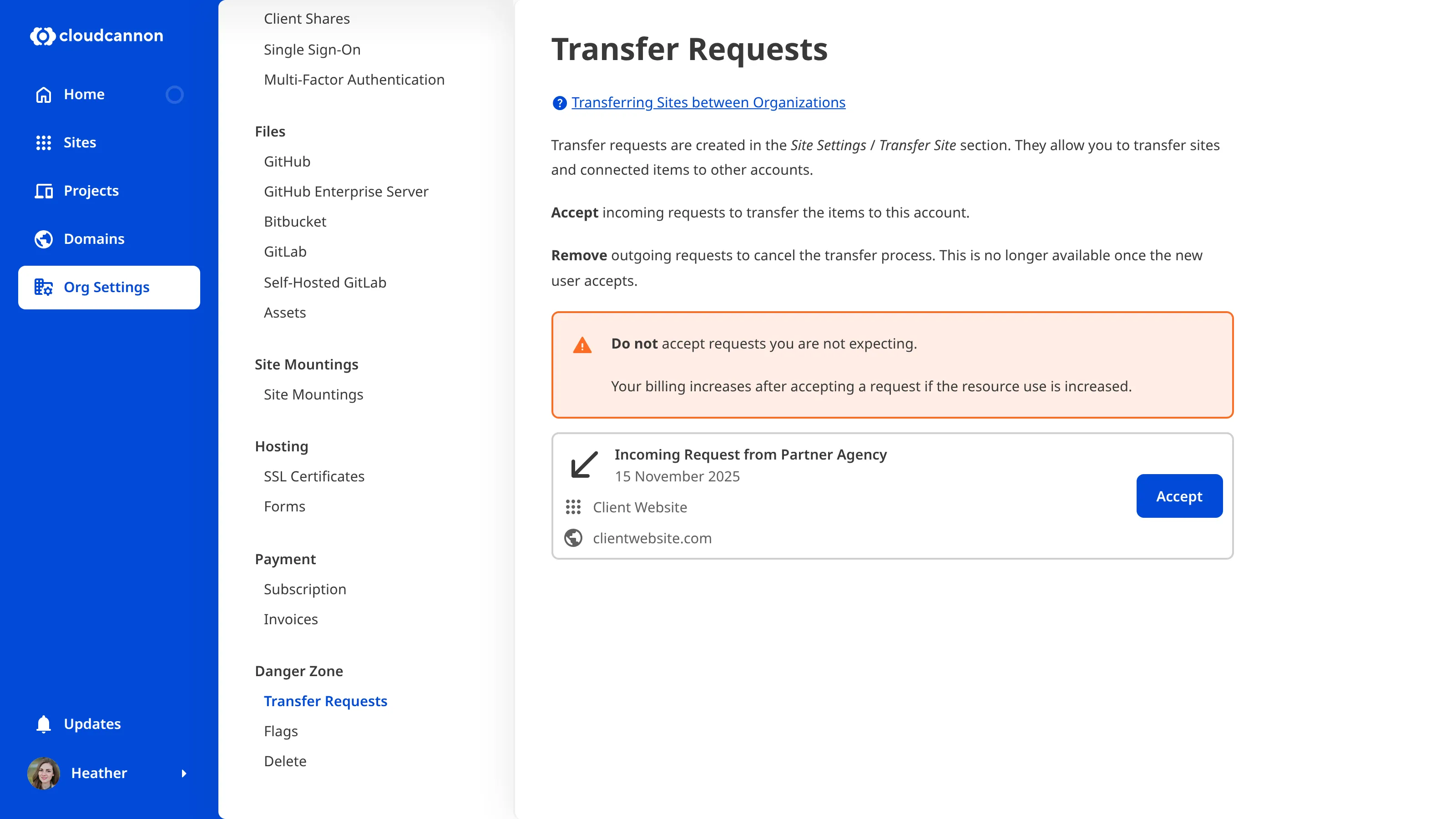 Screenshot of site transfer interface with transfer request incoming