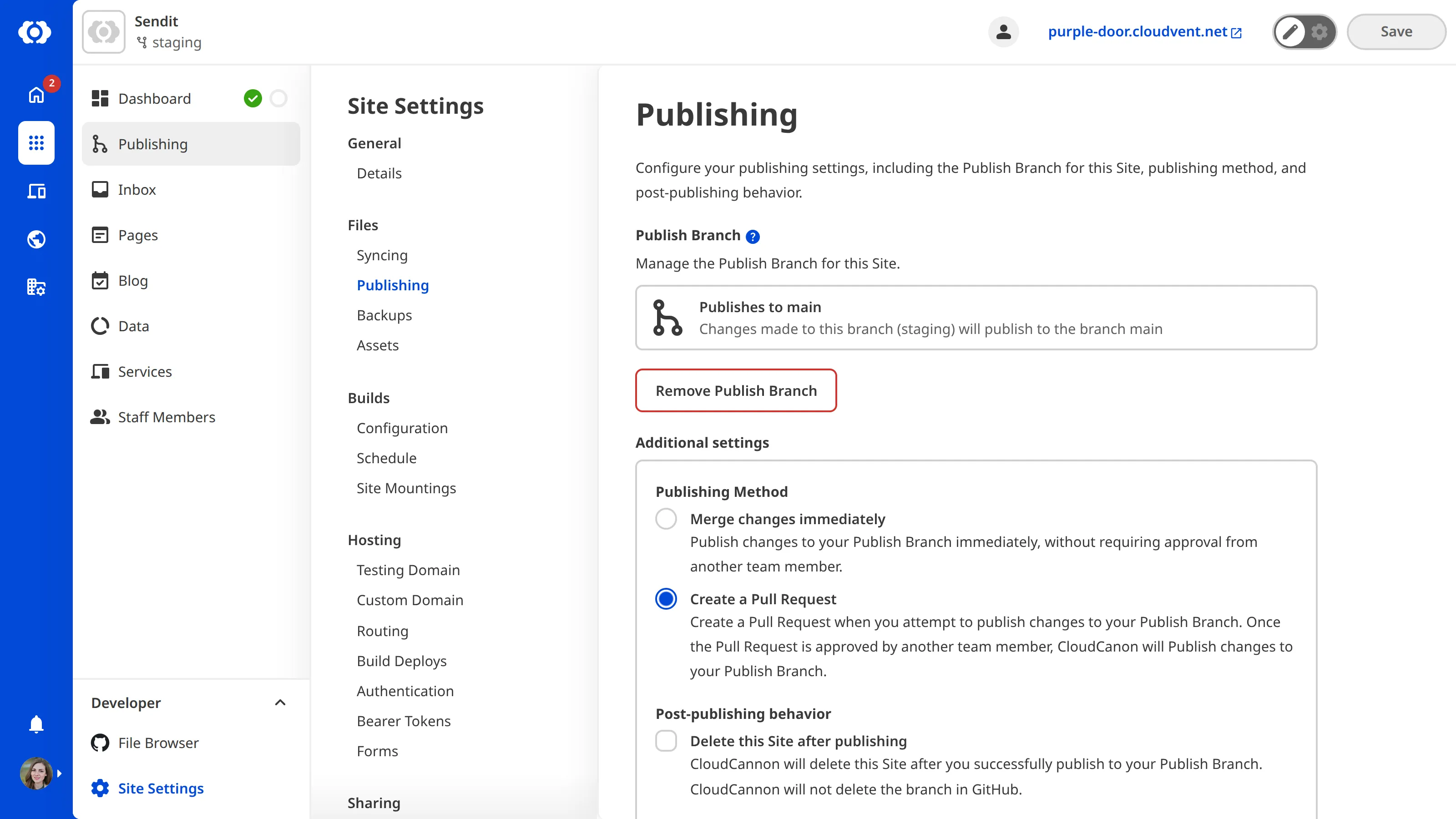 The Publishing page with a connected Publish Branch A screenshot of the Publishing page shows a connected Publish Branch with options for merge mode, pull requests, and delete after publishing.