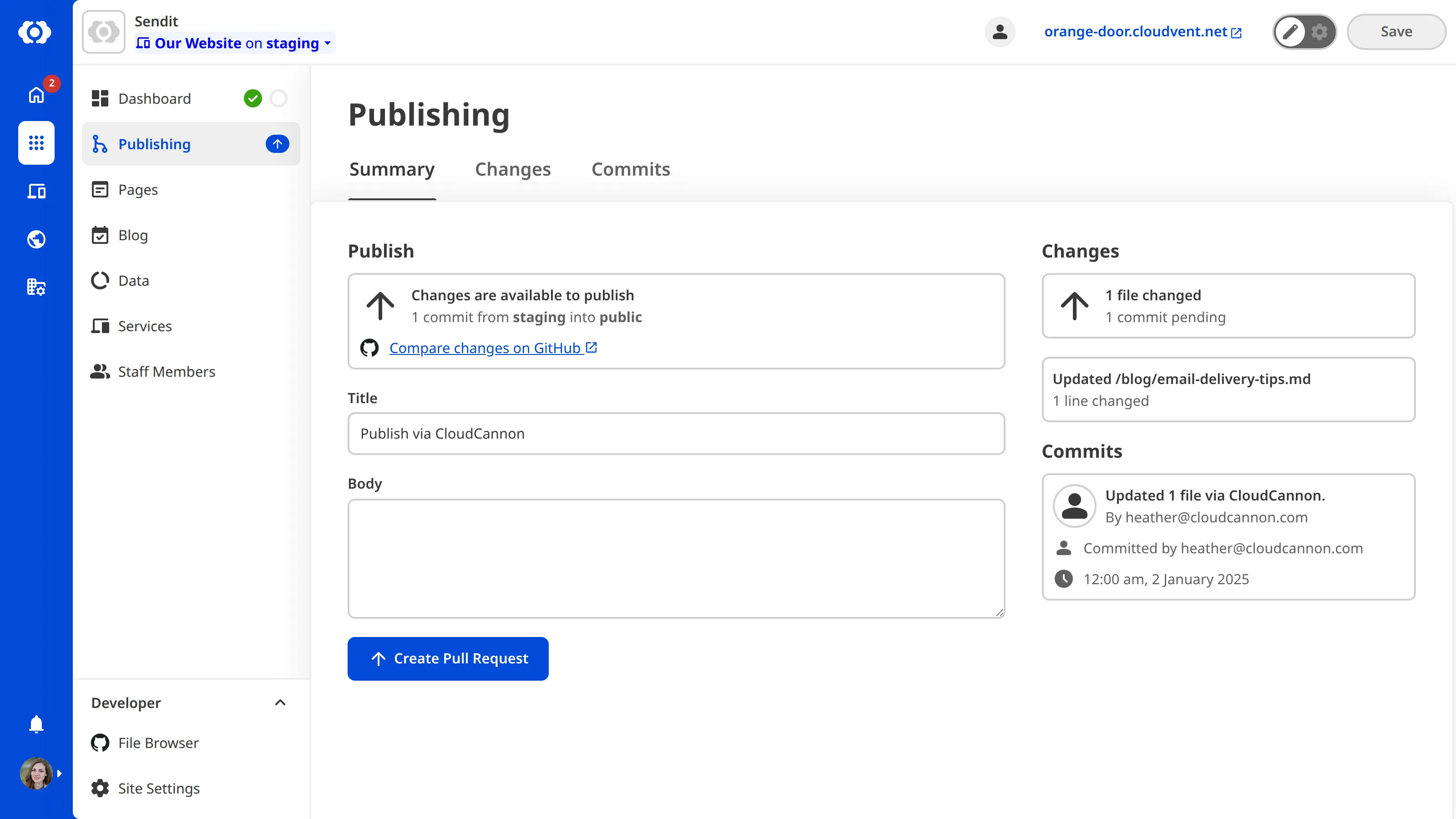 The Publishing page with fields to create a Pull Request The Publishing page with fields to create a Pull Request