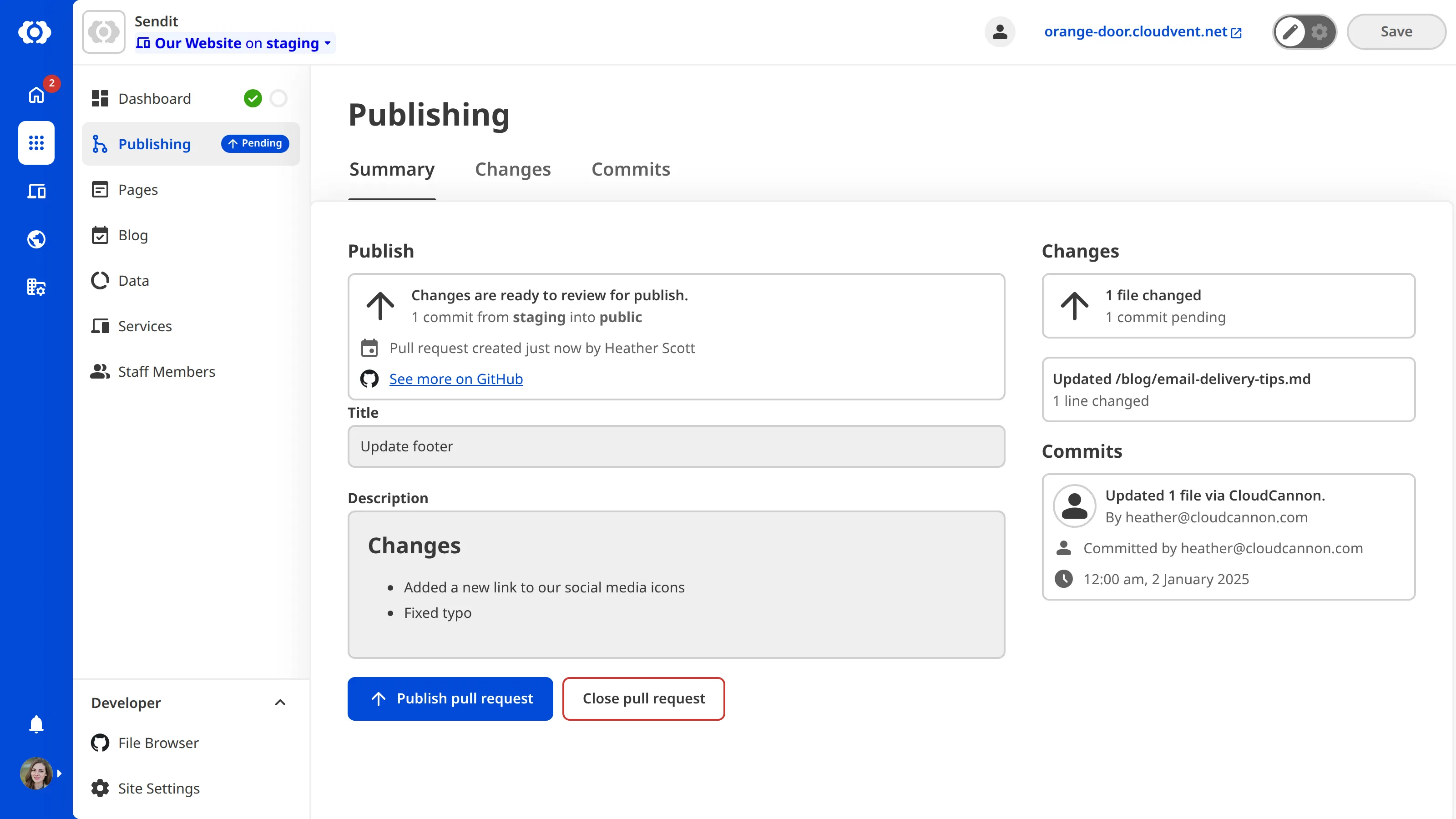 The Publishing page The Publishing page showing an open Pull Request with the option to merge