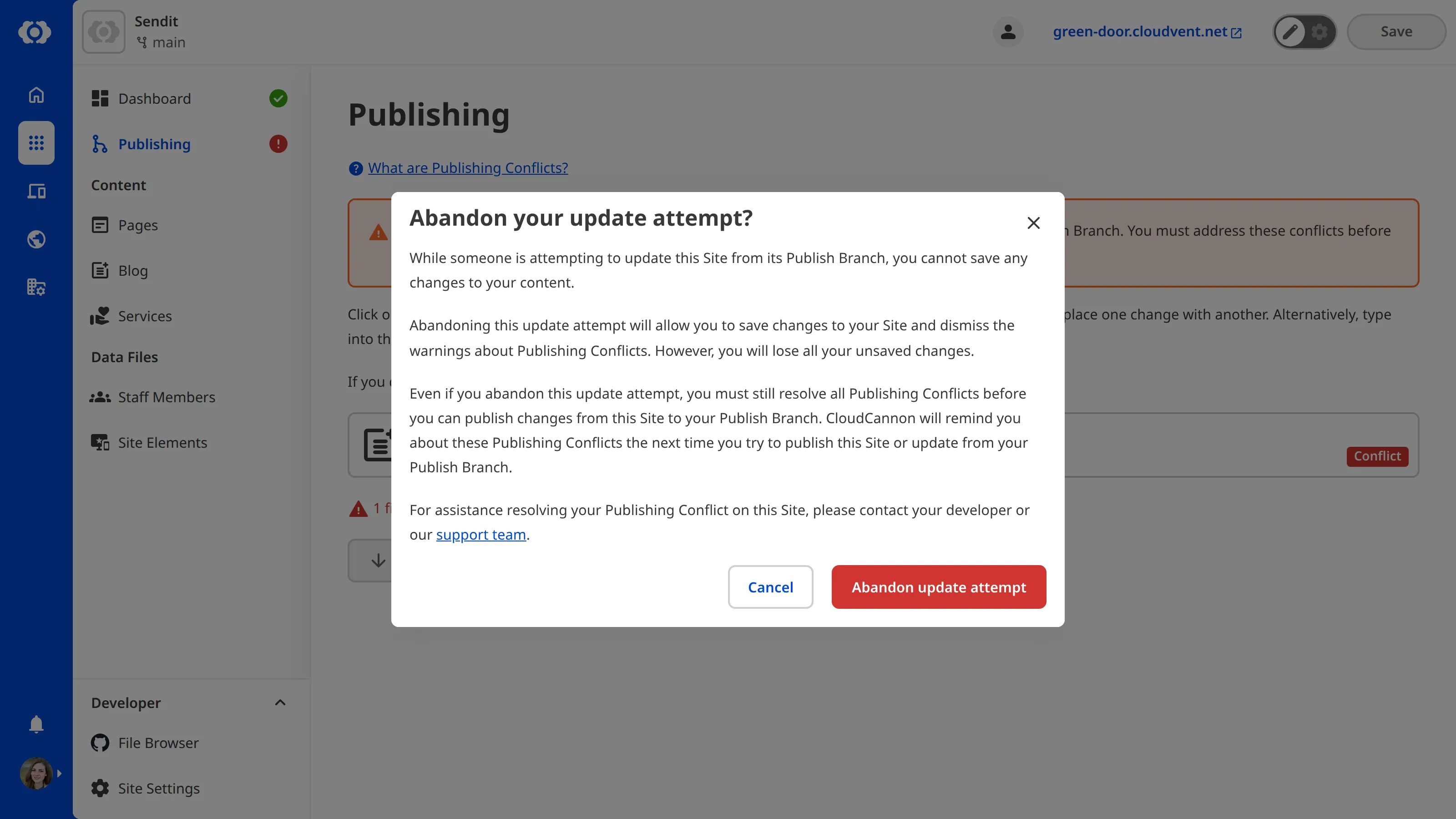 A screenshot of the Publishing page shows the Abandon your update attempt? modal and the Abandon update attempt button.