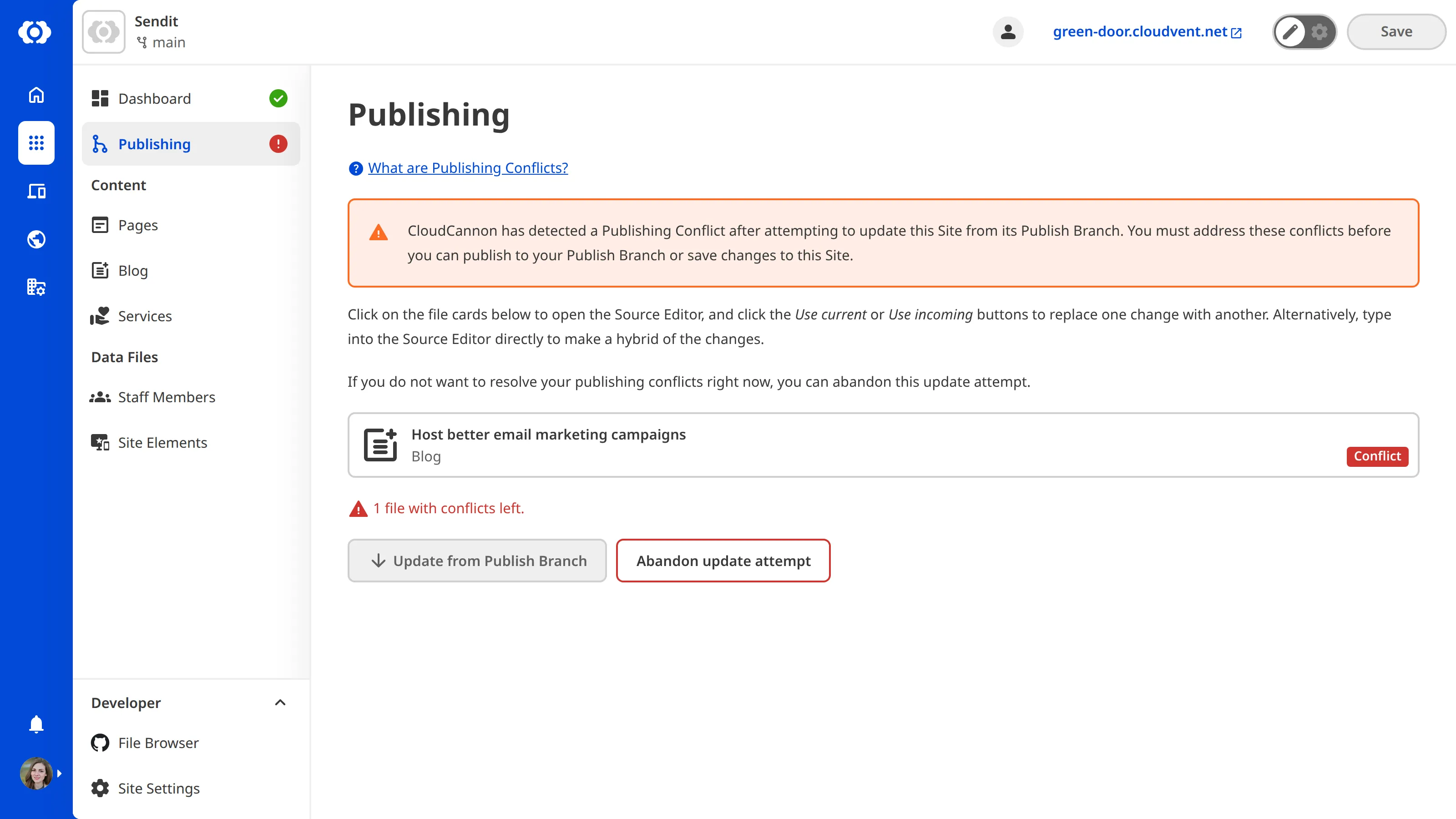 A screenshot of the Publishing page shows a conflicted file after attempting to update the Site from the Publish Branch.