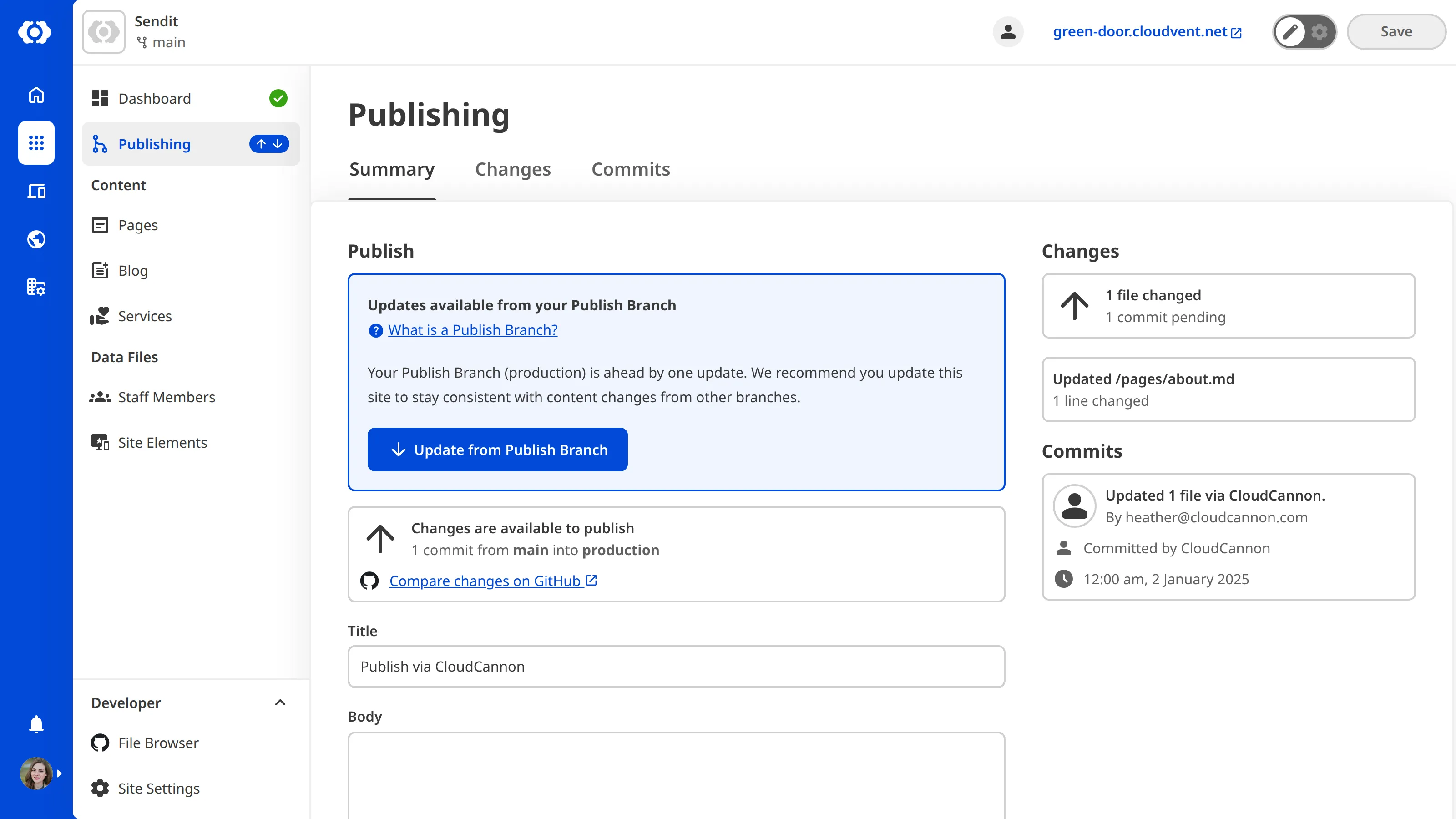 A screenshot of the Publishing page shows the Updates available from your Publish Branch notification and the Update this site button.