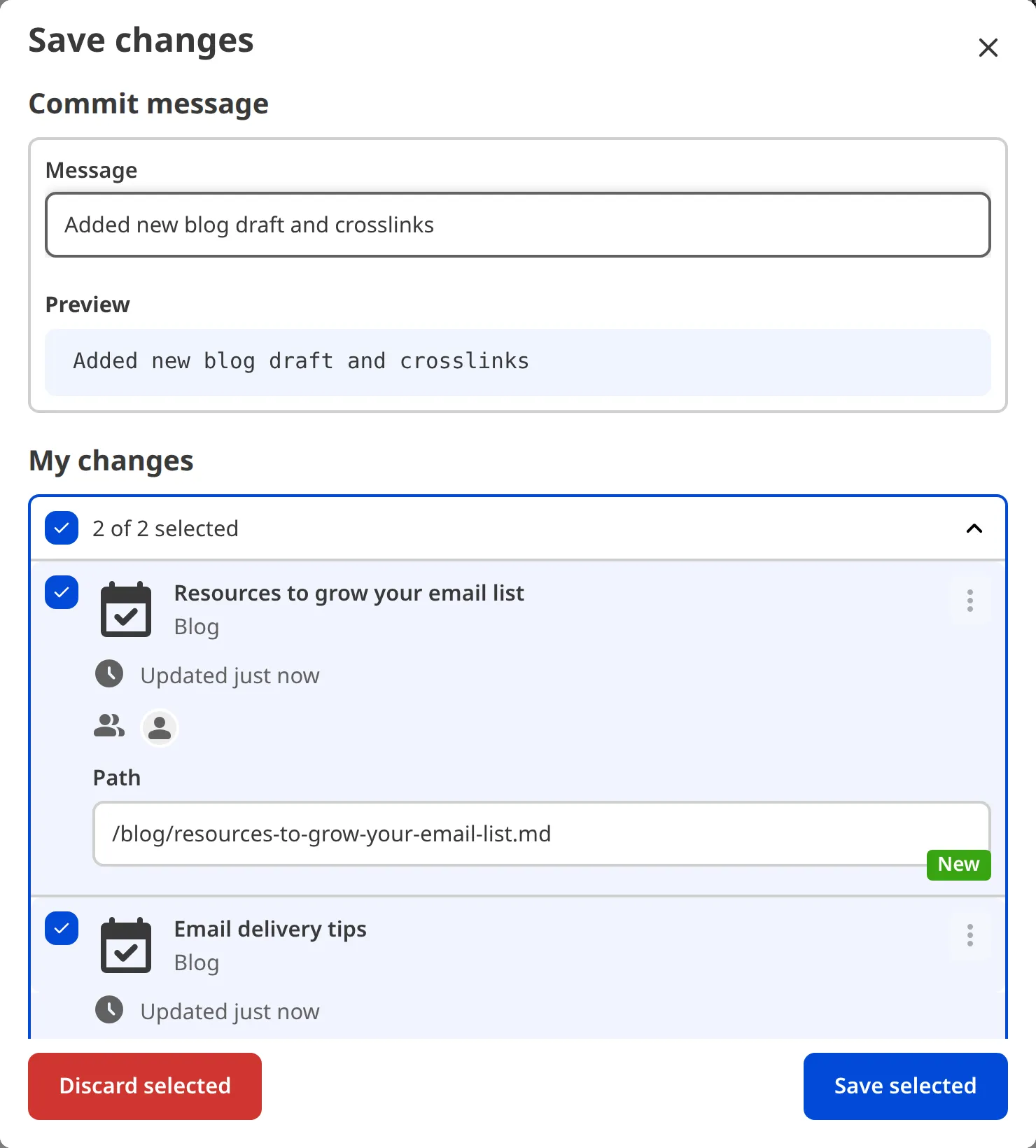 The Save Changes modal with a commit message describing the changes made to the site.