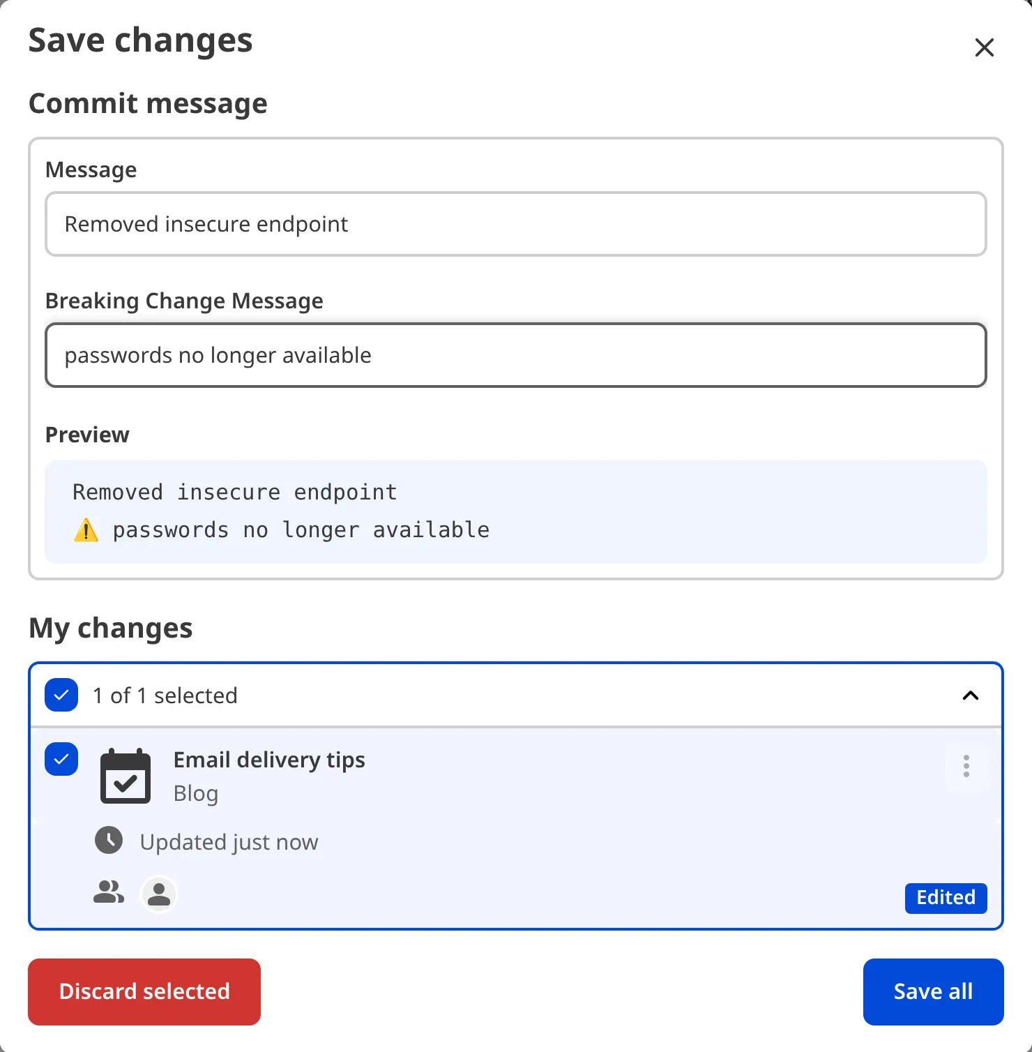 The Save Changes modal shows two fields for Message and Breaking Changes Message.