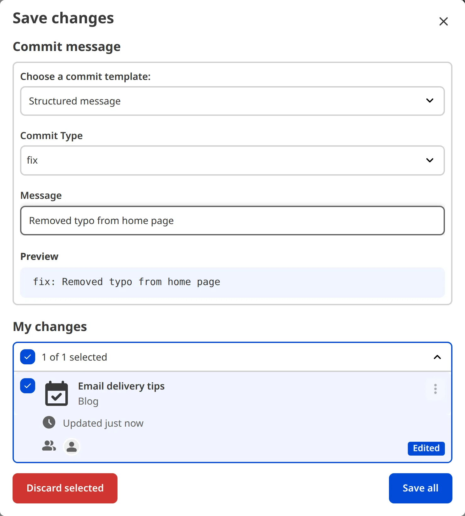 The Save Changes modal shows a commit message with a select and a text input.