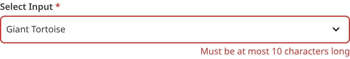 A screenshot of the Select Input in the Data Editor shows an error message as the value is too many characters.