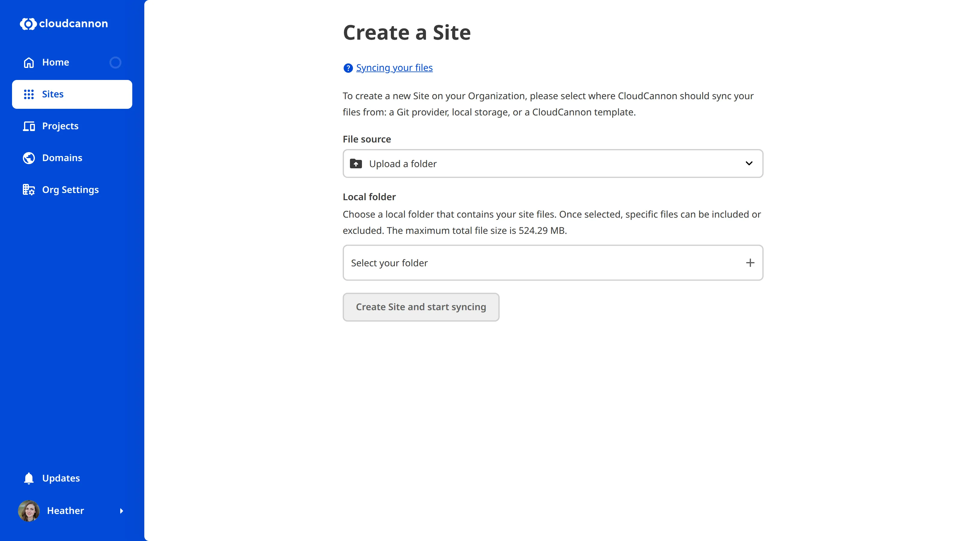 Sync step of creating a site to add your files Sync step of creating a site to add your files