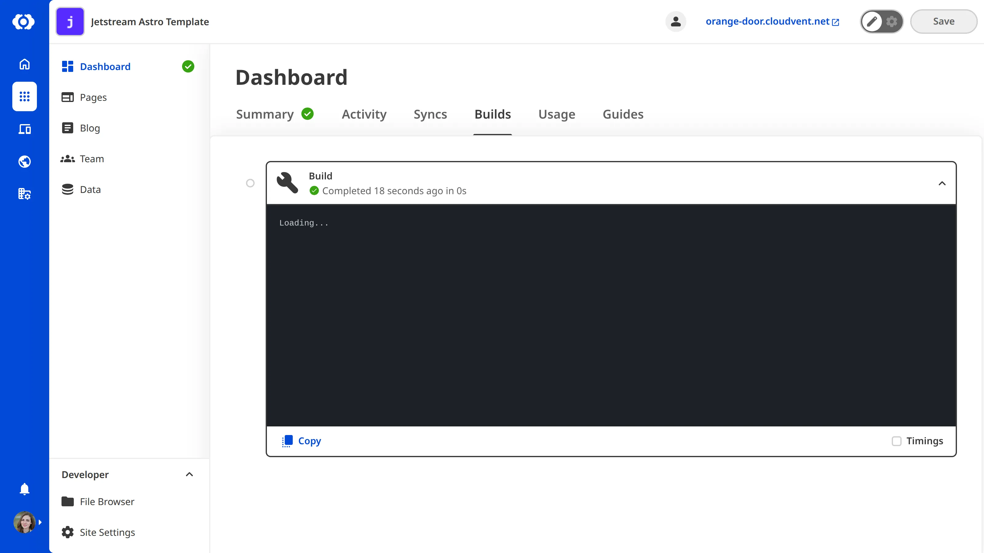 A screenshot of the Site Dashboard Builds tab shows that the first build of a Site is running.