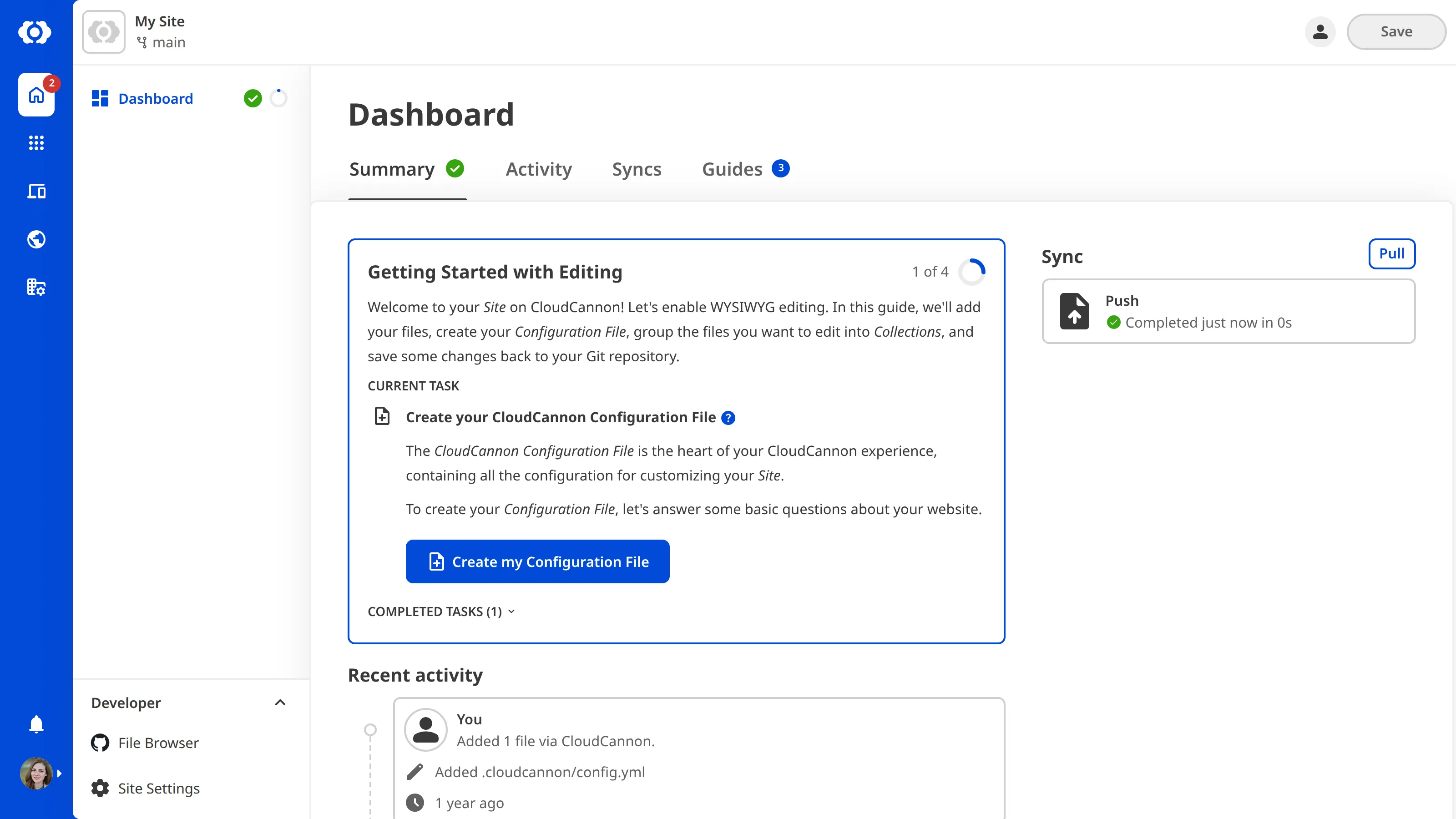 A screenshot of the Create your CloudCannon Configuration File task from the Getting Started task list shows the Create my Configuration File button.