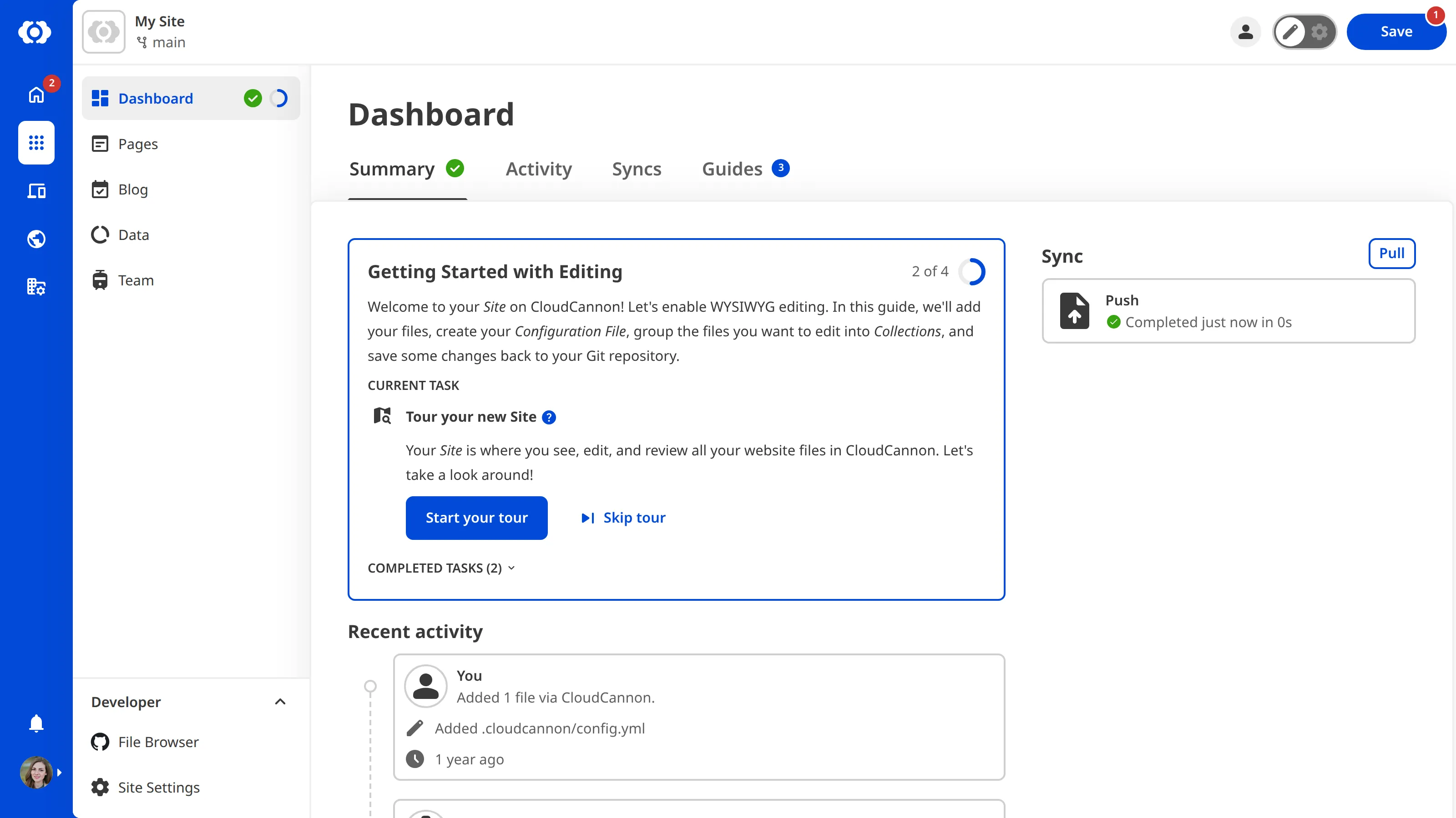 A screenshot of the Site Dashboard shows the Getting Started in-app guide with a task to Tour your new Site.