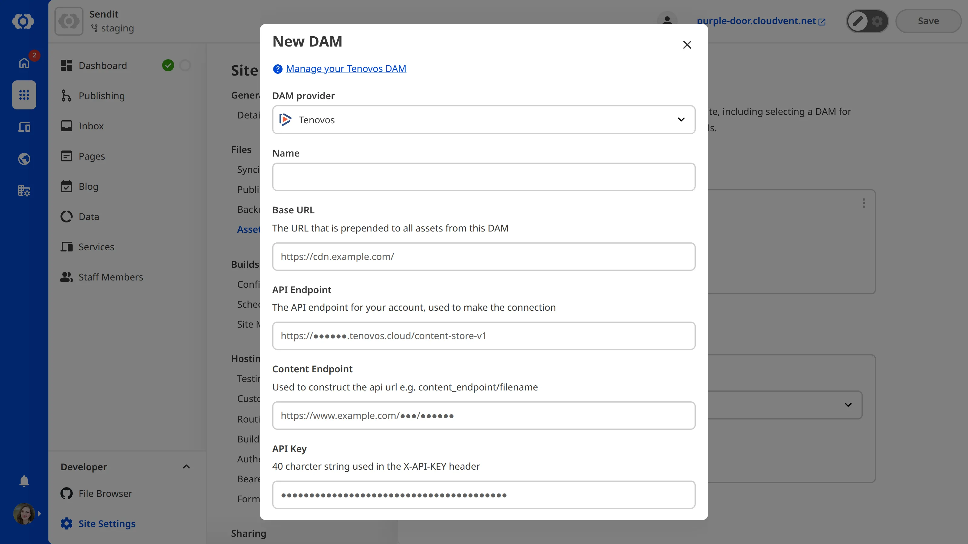 The New DAM modal with Tenovos selected as the DAM provider, showing fields for Name, Base URL, API Endpoint, Content Endpoint, API Key, Client ID, Username, and Password.