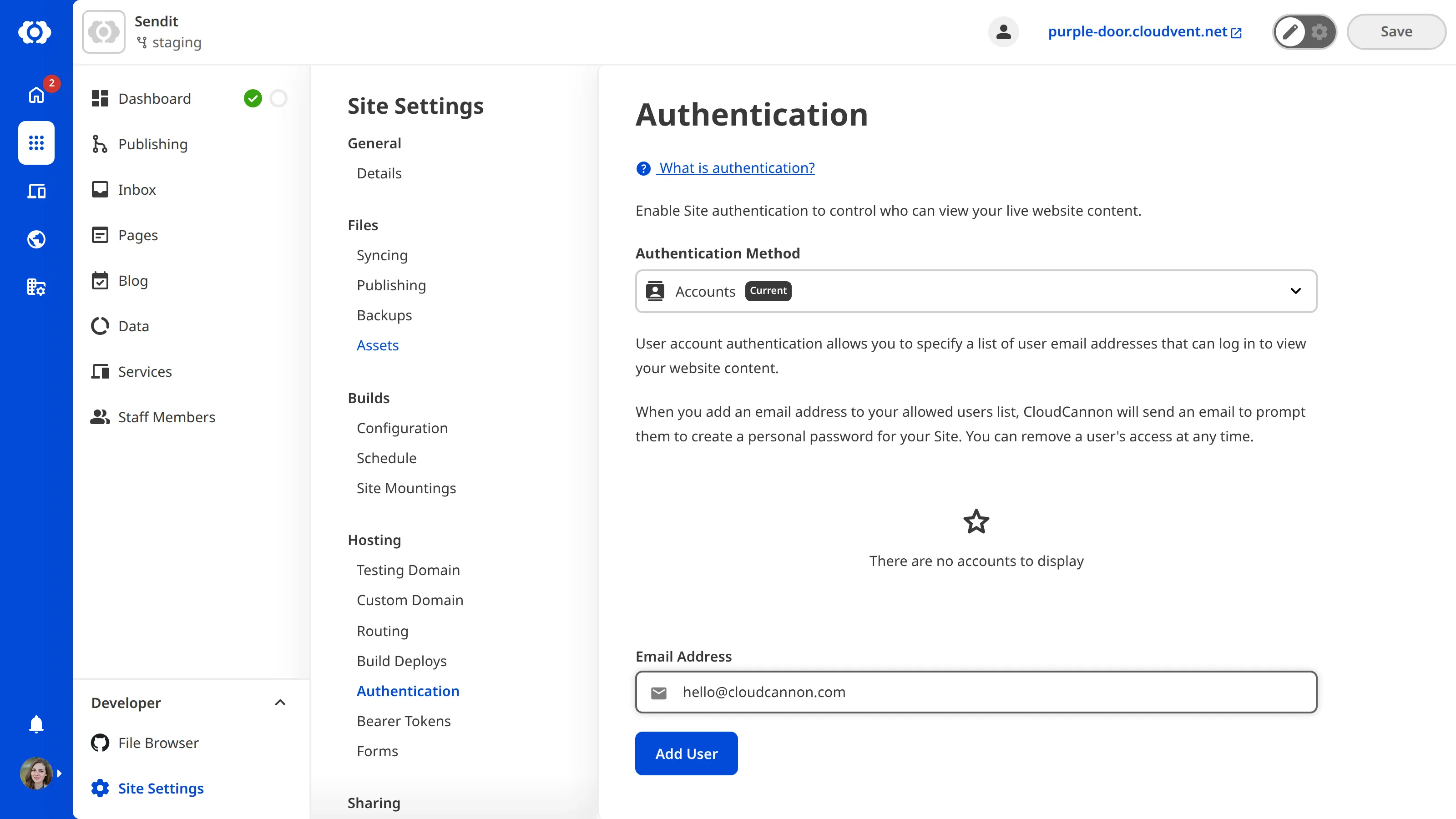 The Authentication Page A screenshot of the Authentication page shows a text field where you can enter the email address of the person you want to invite.