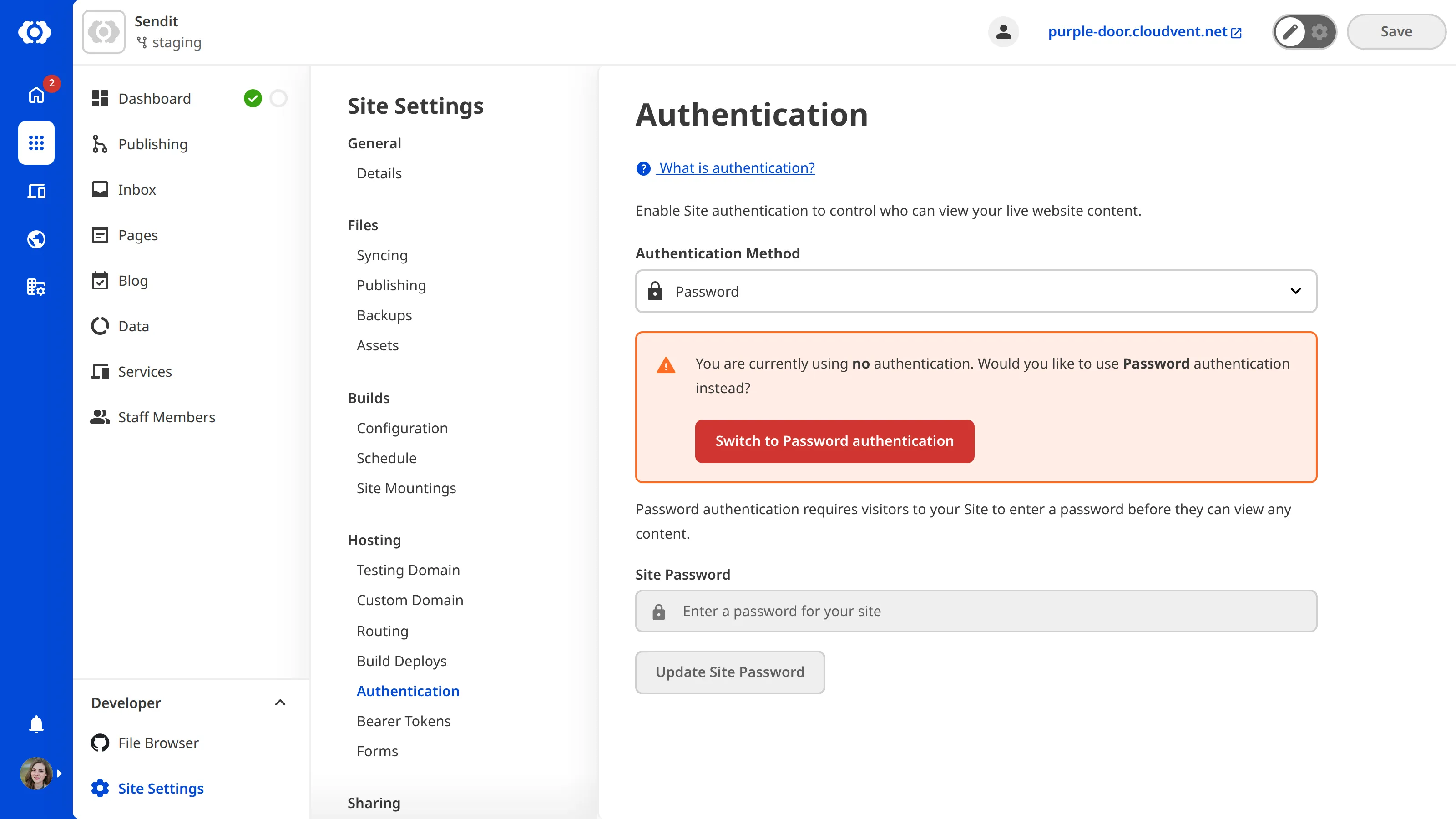 The Authentication Page A screenshot of the Authentication page shows the Switch to Password authentication button.