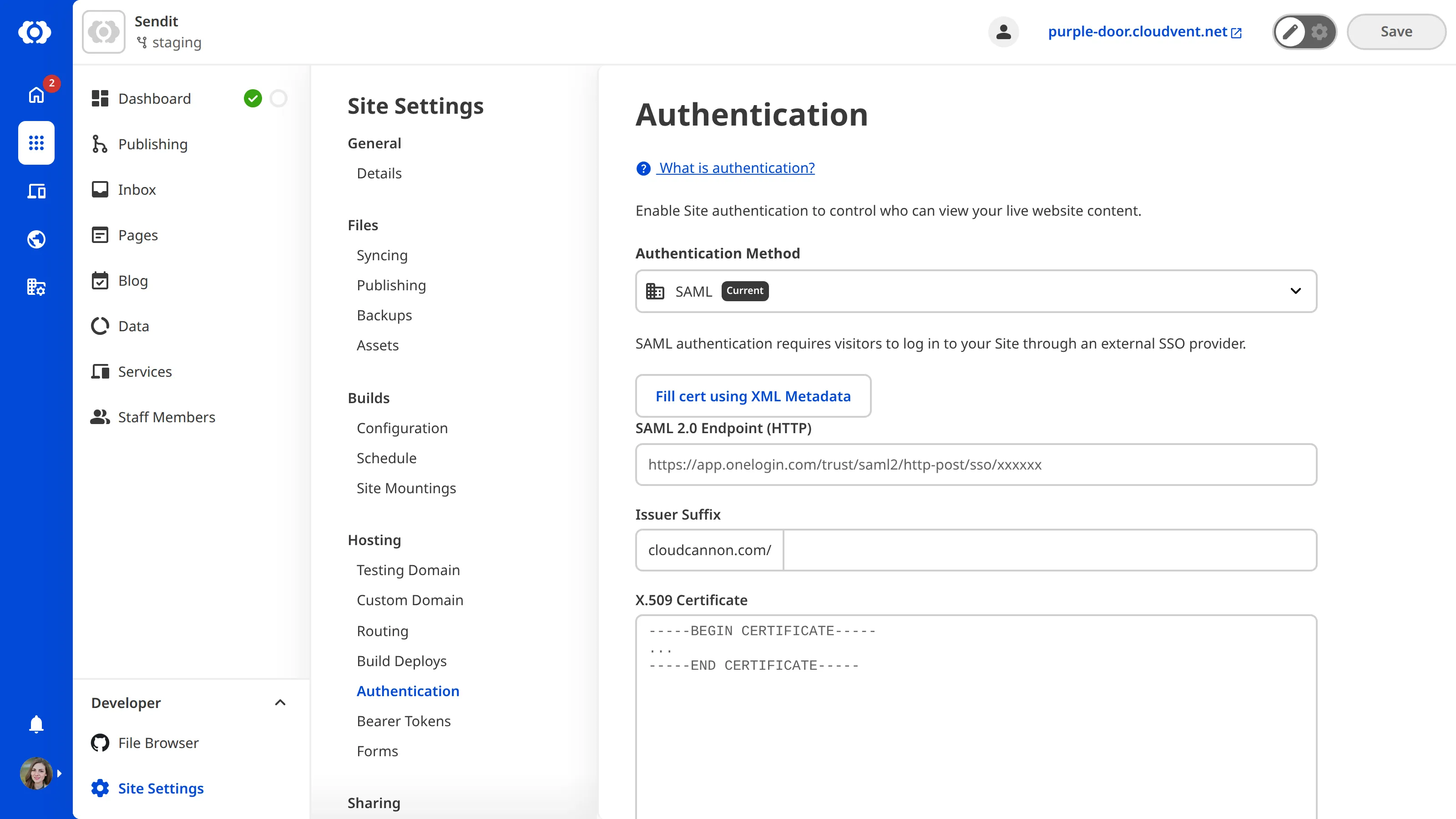 A screenshot of the Authentication page shows fields for SAML 2.0 Endpoint (HTTP), Issuer Suffix , and X.509 Certificate.