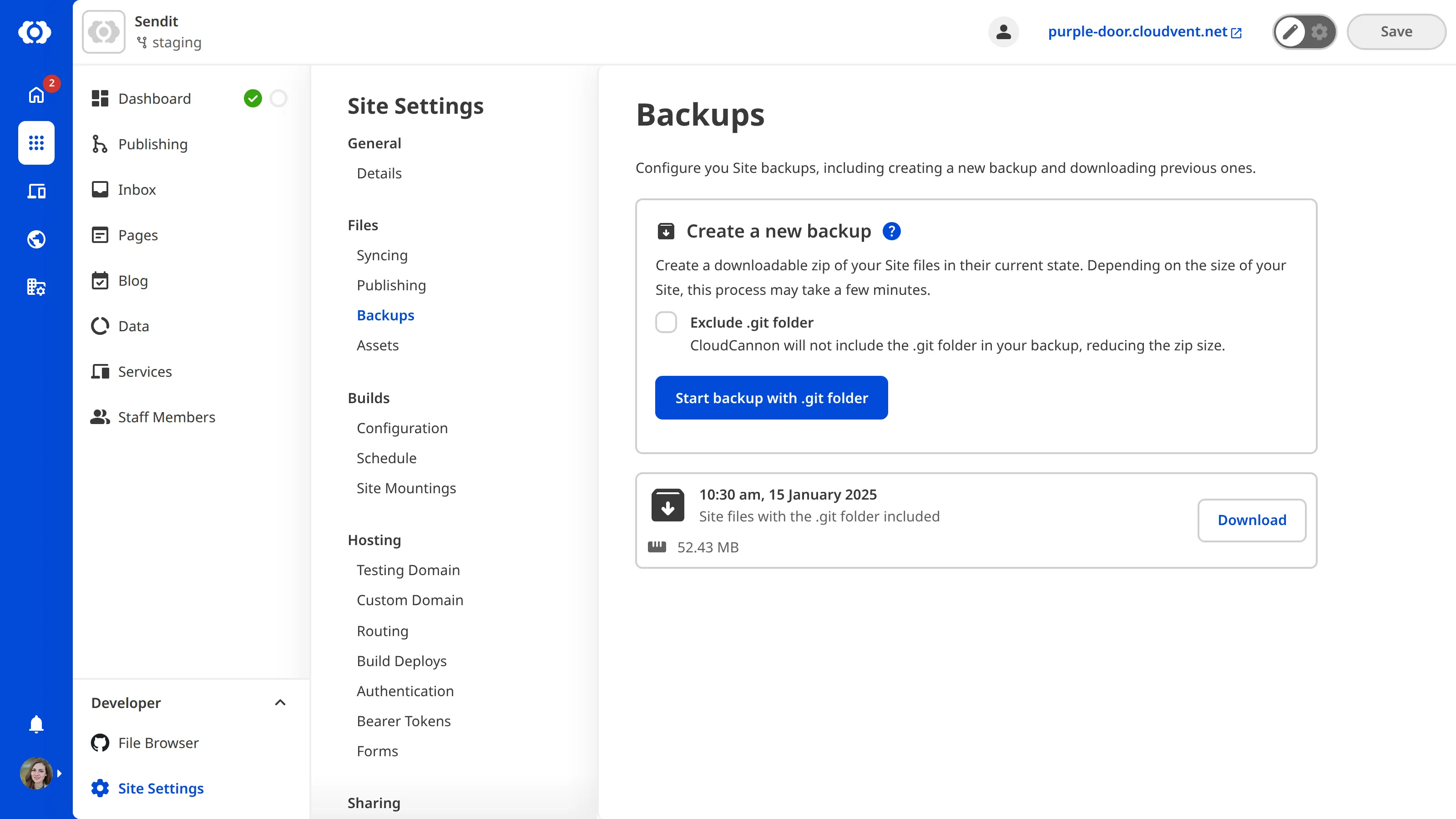 Starting a new backup from your source files and downloading backups from specified date time