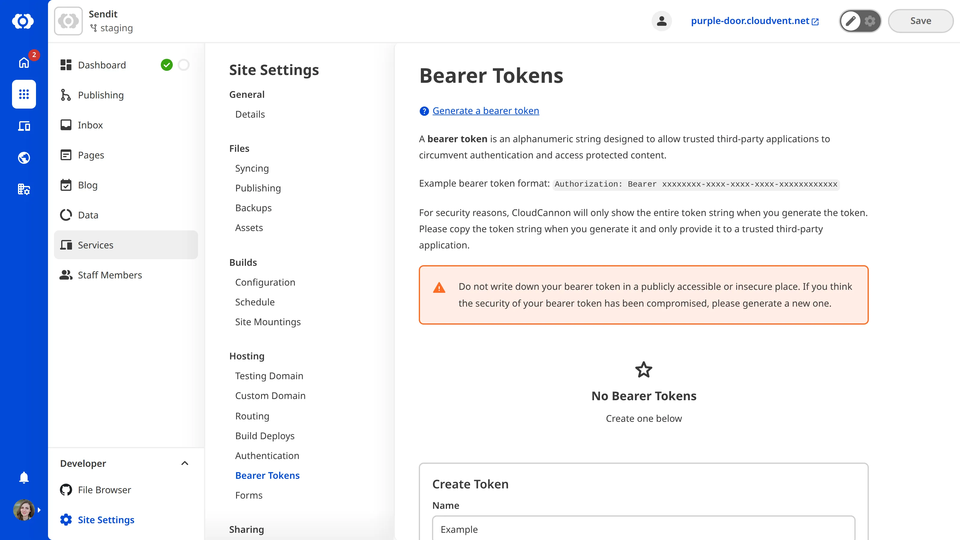 A screenshot of the Bearer Token page under Site Settings shows the Name text field and the Generate Bearer Token button.