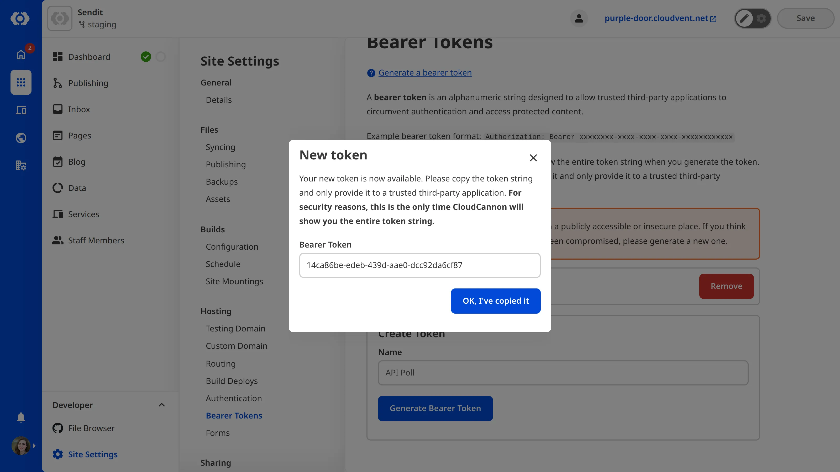 A screenshot of the Bearer Token page under Site Settings shows the New Token modal with a bearer token in the text field.