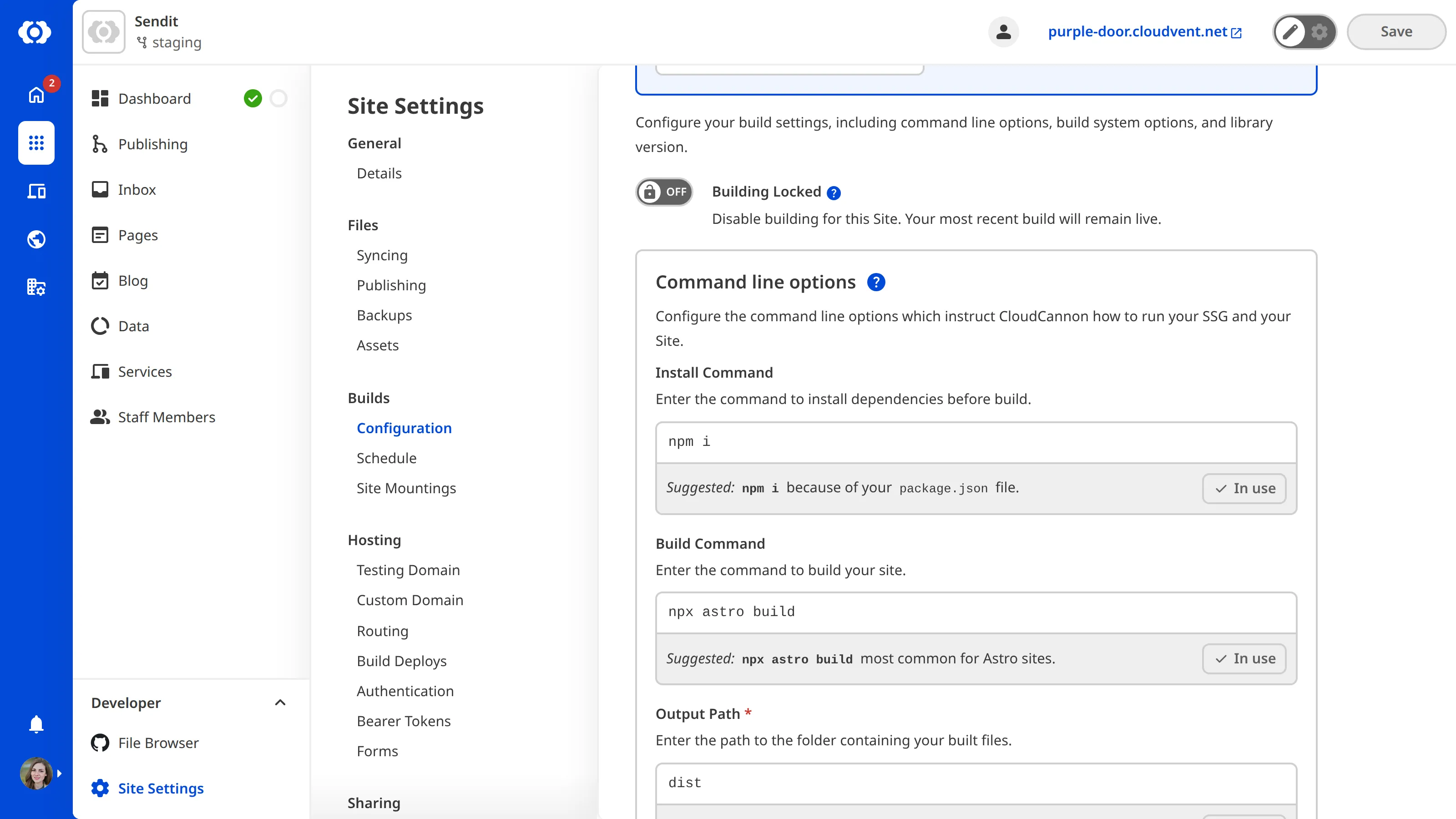 The Build Configuration page A screenshot of the Build Configuration page shows text fields for configuring your command line options.