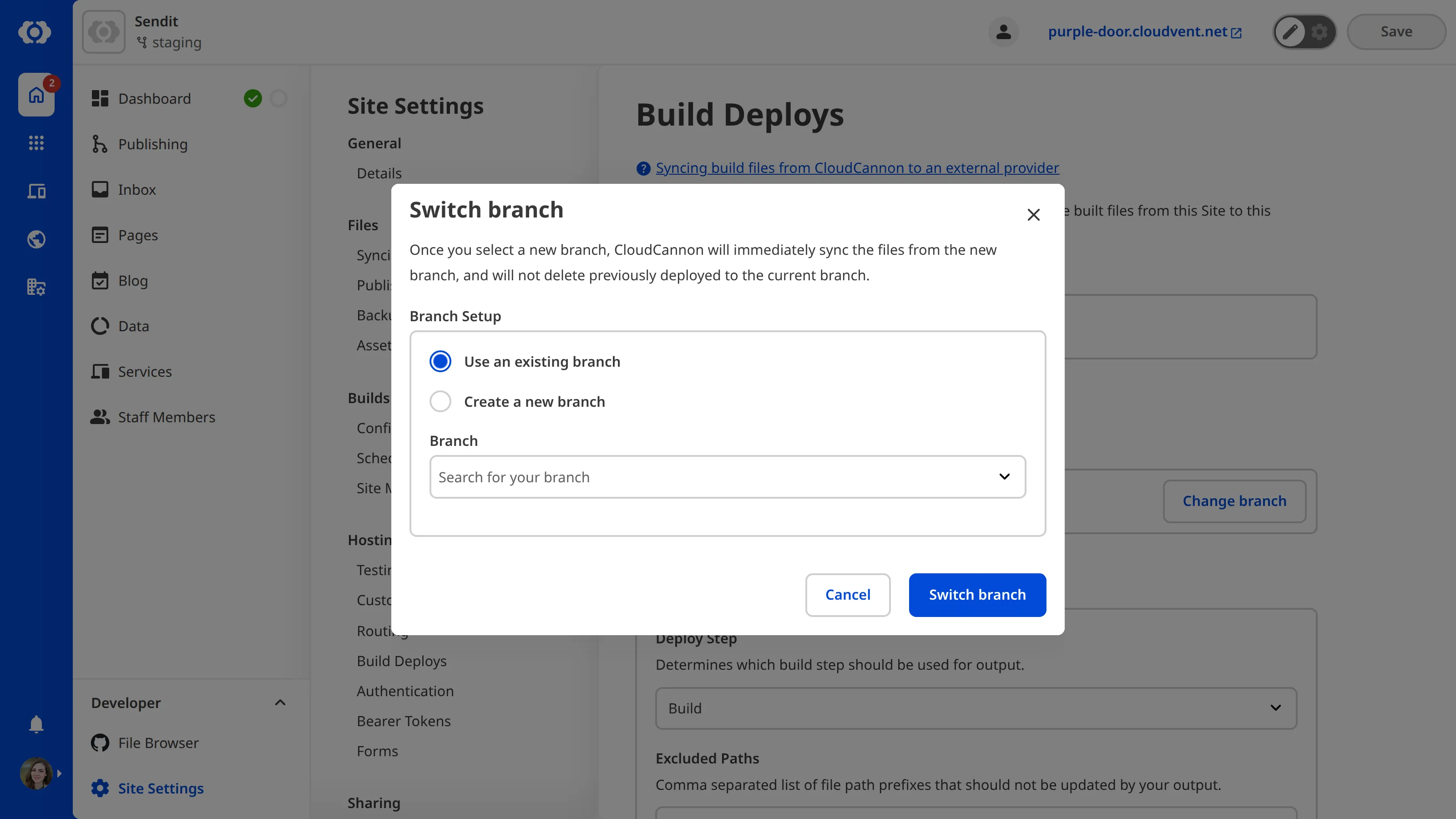 The Switch branch modal The Switch branch modal with a Branch dropdown and options to use an existing branch or create a new one.