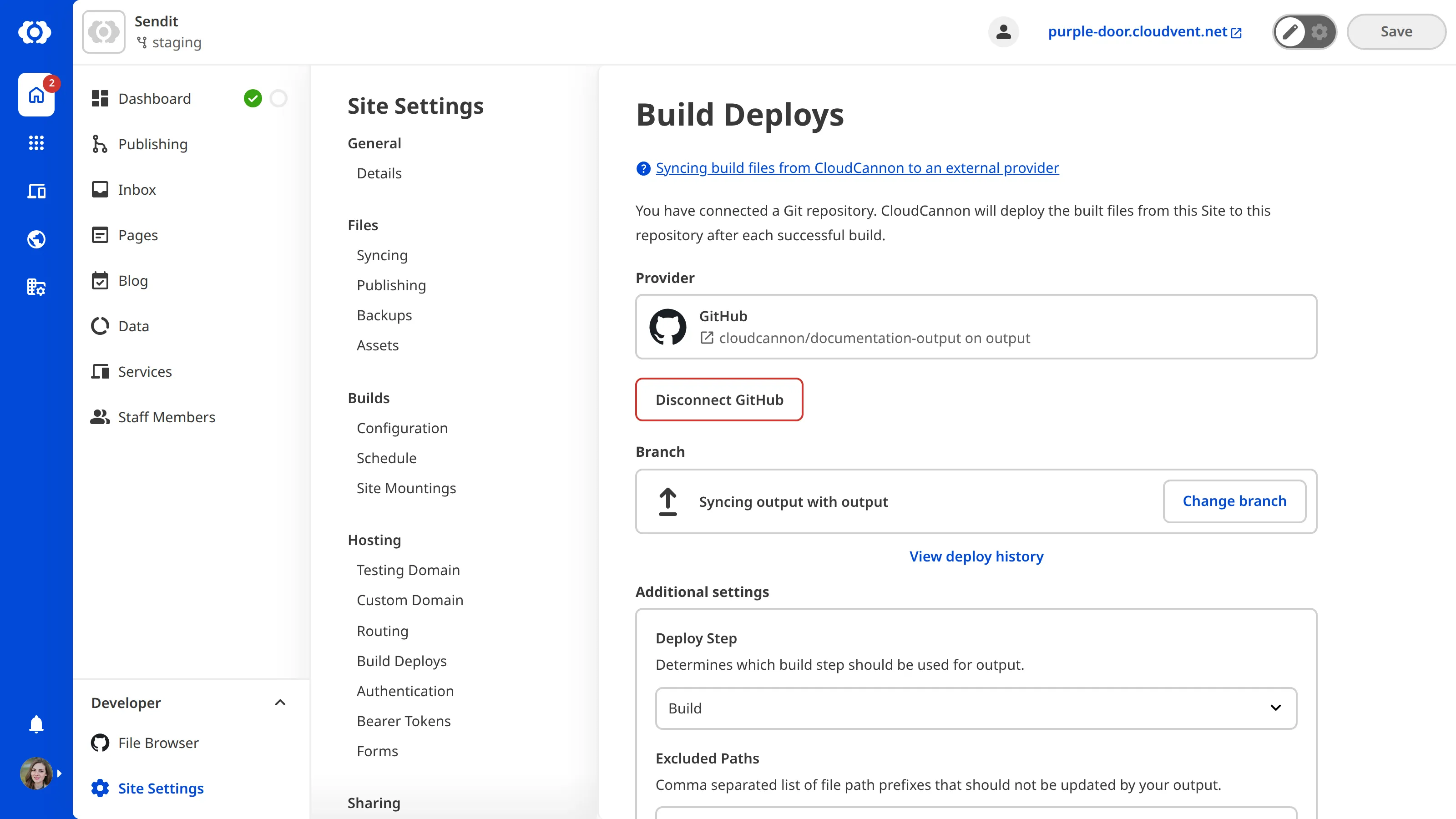 The Build Deploys page The Build Deploys page shows a GitHub repository connected as the output provider, with options to disconnect, change branch, view deploy history, and configure the deploy step and excluded paths.