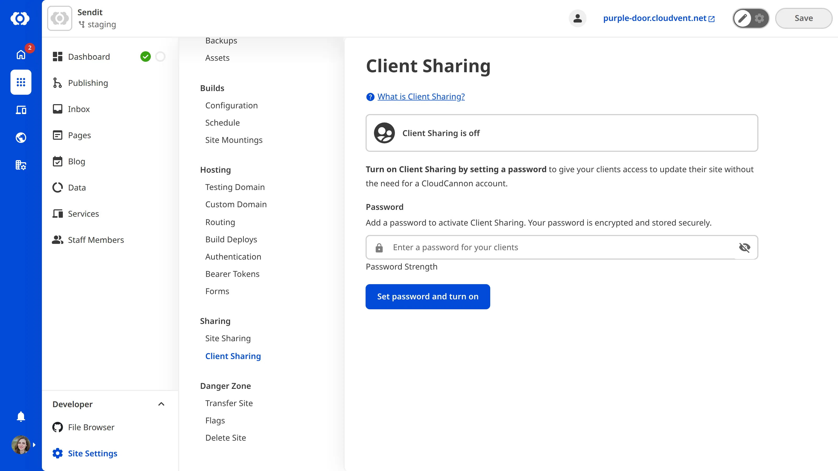 The Client Sharing page A screenshot of the Client Sharing page shows fields for setting the Client password and enabling Client Sharing.