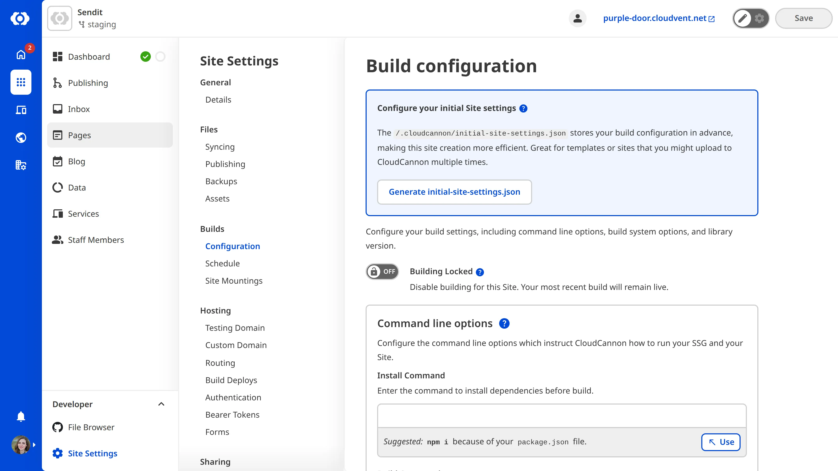 The Build Configuration page A screenshot of the Build Configuration page shows blue boxes containing CloudCannon's suggestions for your command line options.
