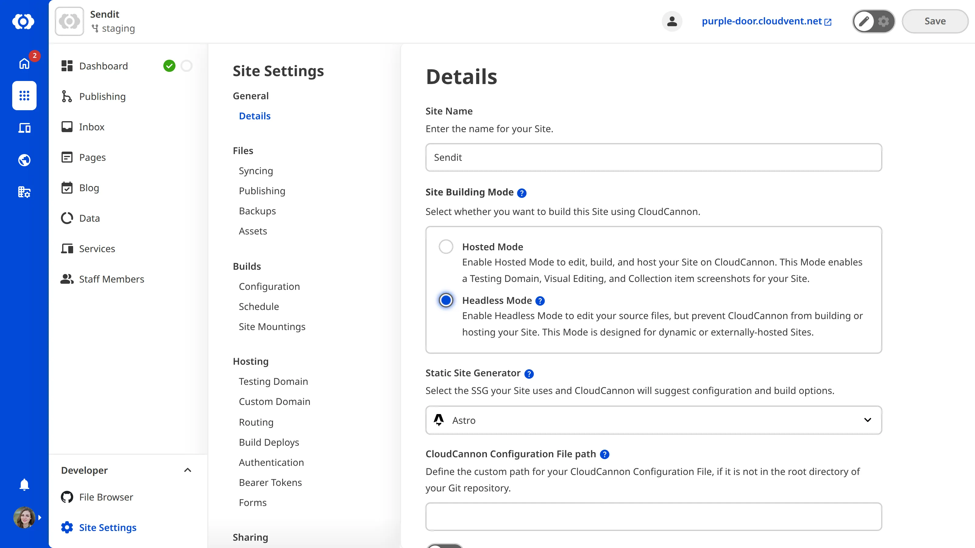 The Details page with Headless Mode selected The Site Settings Details page with Headless Mode selected under Site Building Mode.